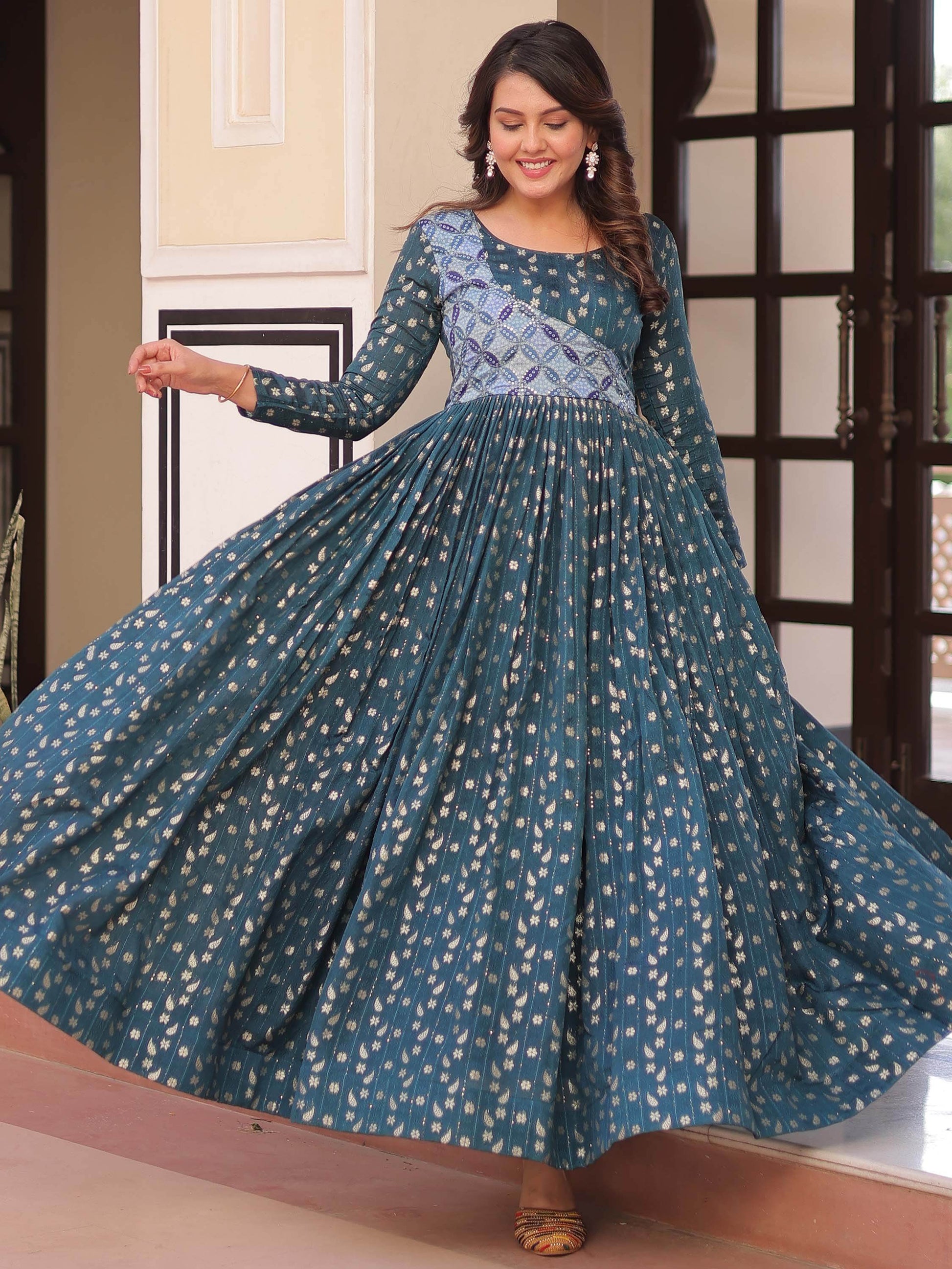 Stunning Teal Blue Zari Weaving Cotton Traditional Gown - Zeel Clothing