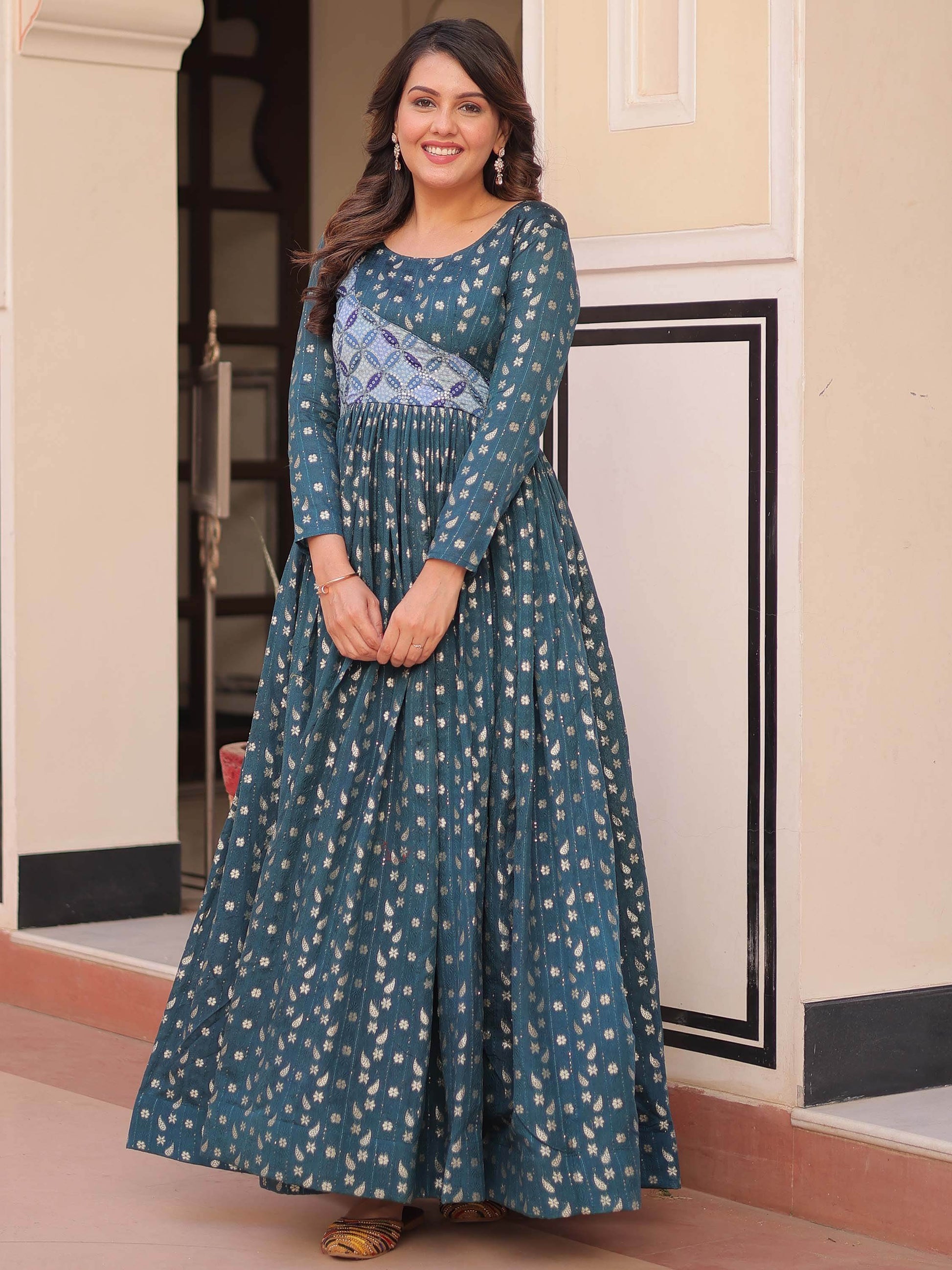 Stunning Teal Blue Zari Weaving Cotton Traditional Gown - Zeel Clothing