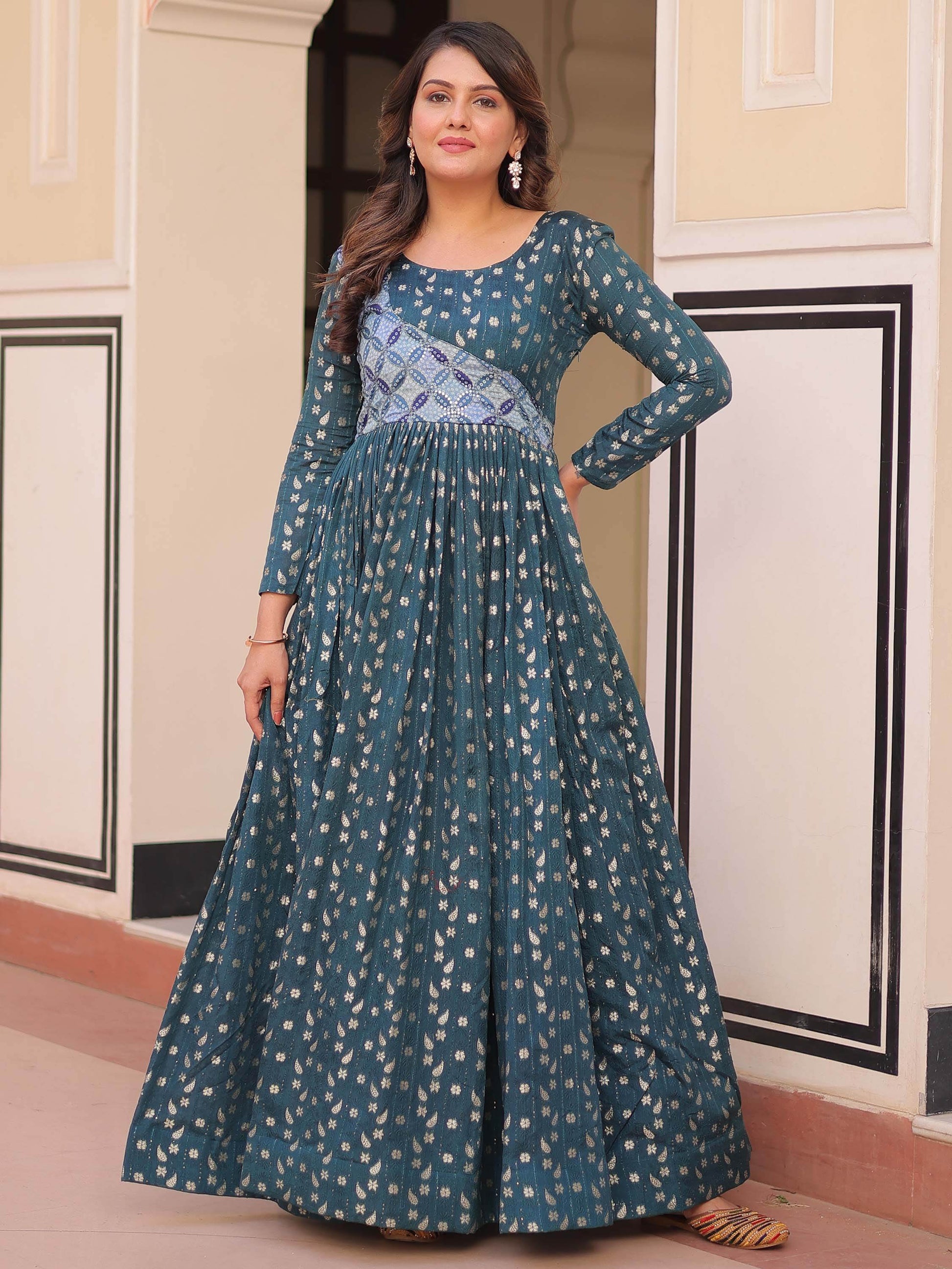 Stunning Teal Blue Zari Weaving Cotton Traditional Gown - Zeel Clothing