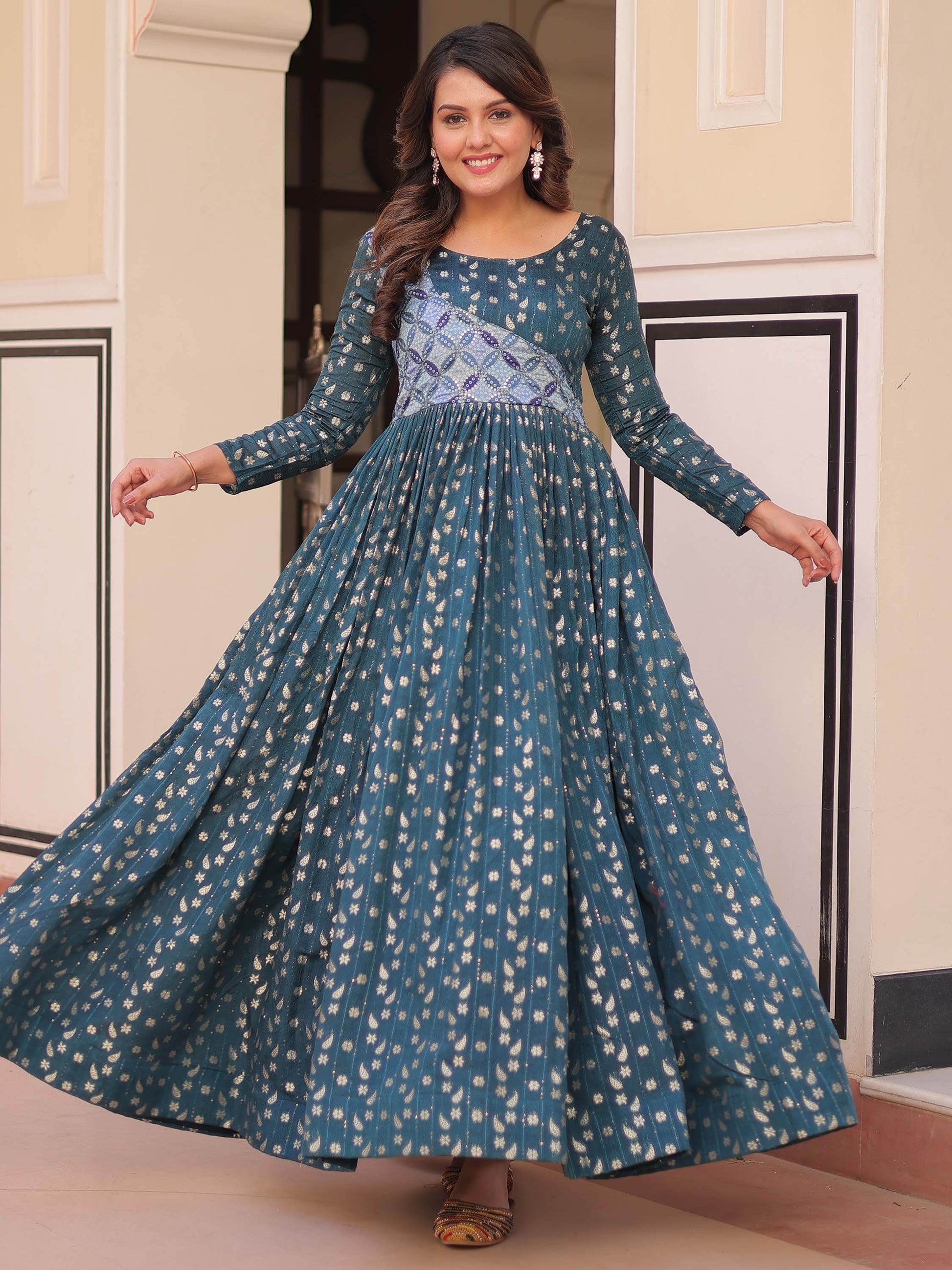 Stunning Teal Blue Zari Weaving Cotton Traditional Gown - Zeel Clothing