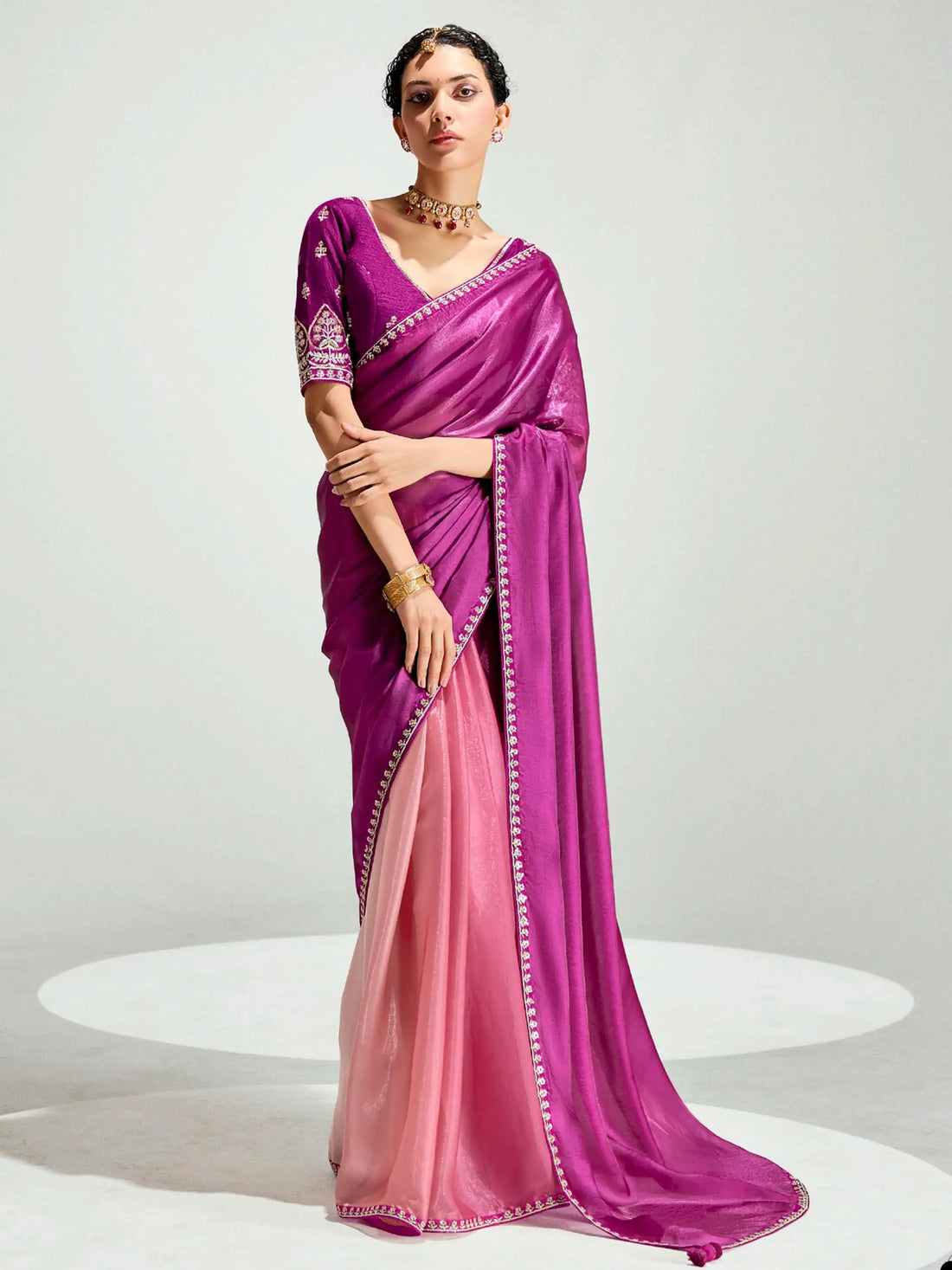 Stylish Dark Pink Sequins Embroidered Organza Reception Wear Saree - Zeel Clothing