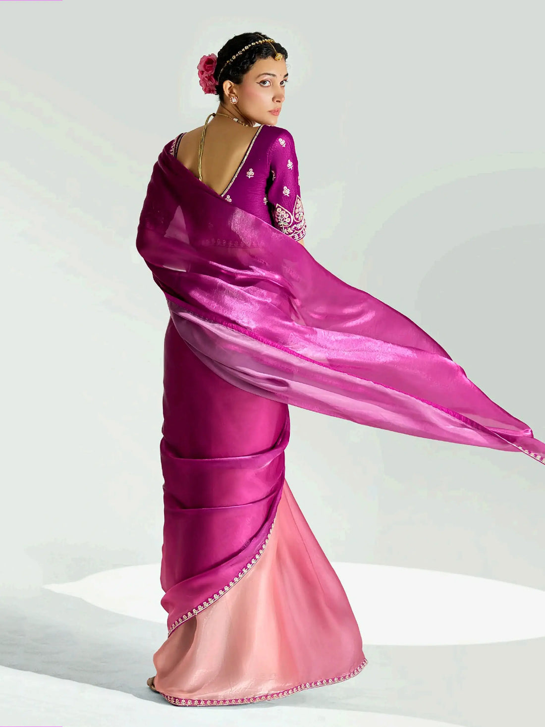 Stylish Dark Pink Sequins Embroidered Organza Reception Wear Saree - Zeel Clothing