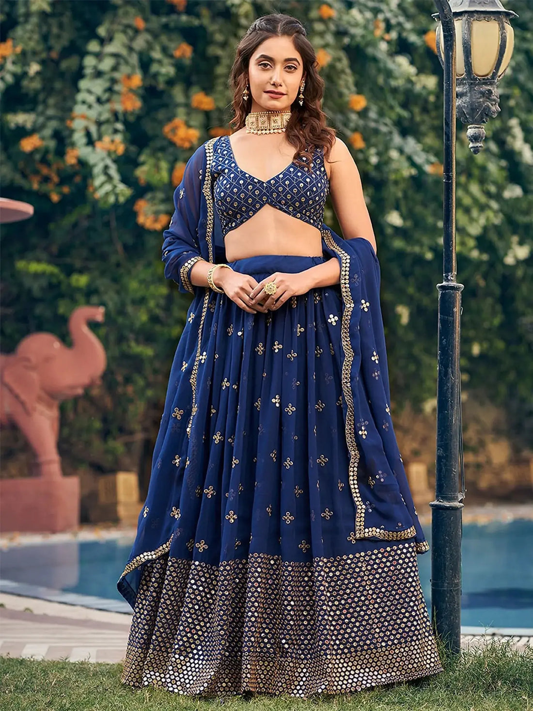 Sumptuous Navy Blue Sequins Embroidered Georgette Wedding Wear Lehenga Choli - Zeel Clothing