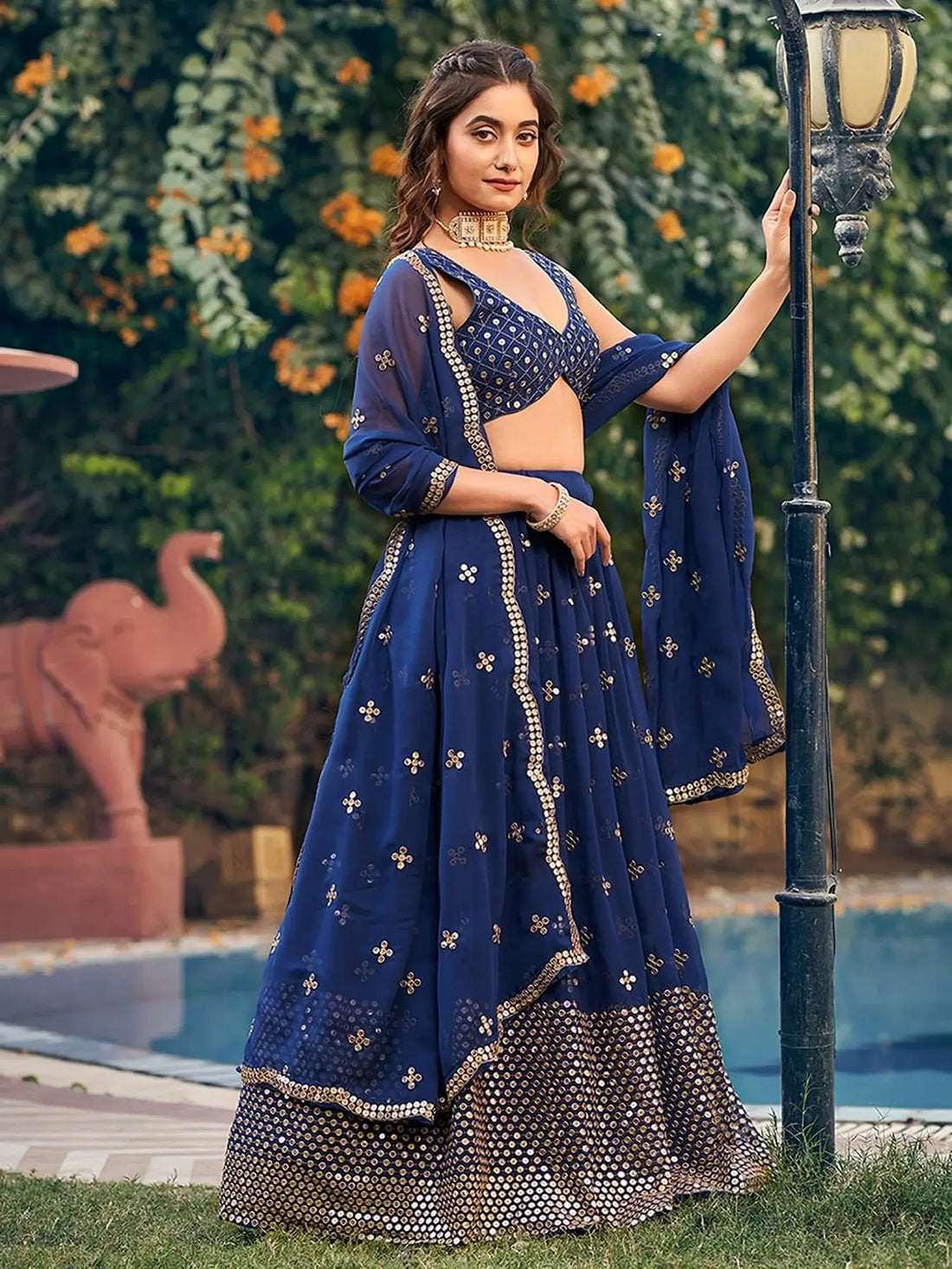 Sumptuous Navy Blue Sequins Embroidered Georgette Wedding Wear Lehenga Choli - Zeel Clothing