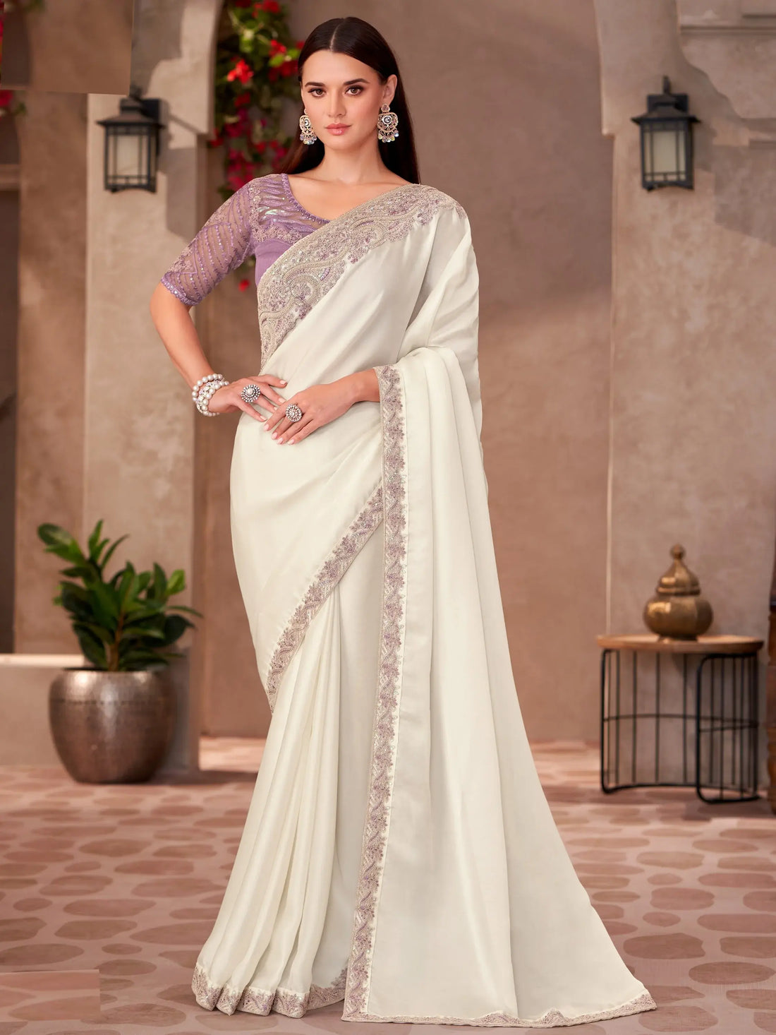 Superb White Thread Embroidery Border Work Georgette Festive Wear Saree - Zeel Clothing