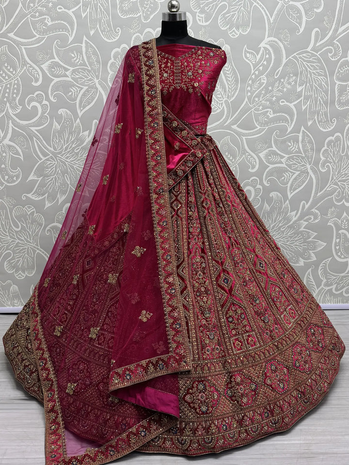 Sweet Pink Dori Work Velvet Bridal Lehenga Choli With Double Dupatta - Zeel Clothing