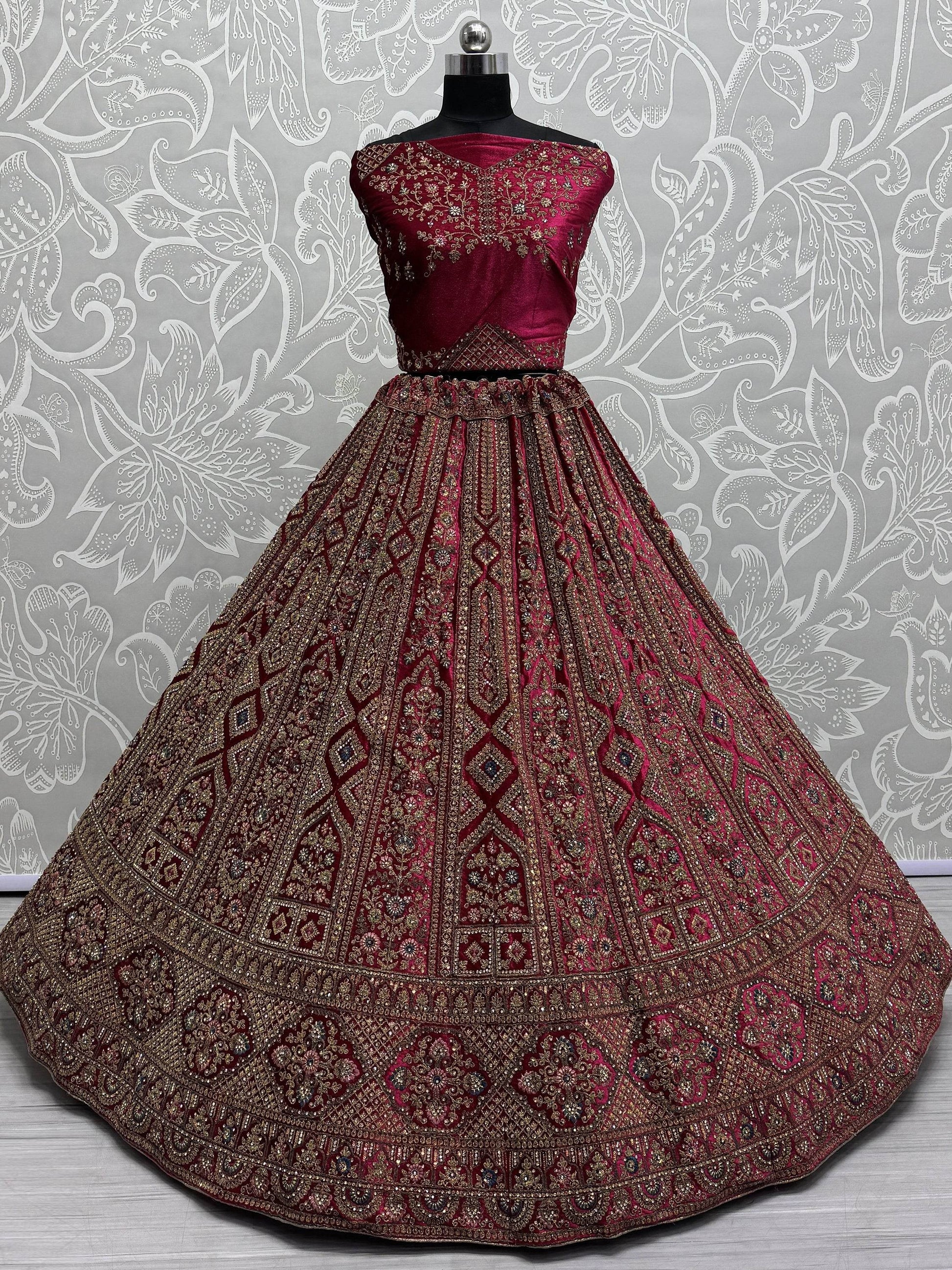 Sweet Pink Dori Work Velvet Bridal Lehenga Choli With Double Dupatta - Zeel Clothing