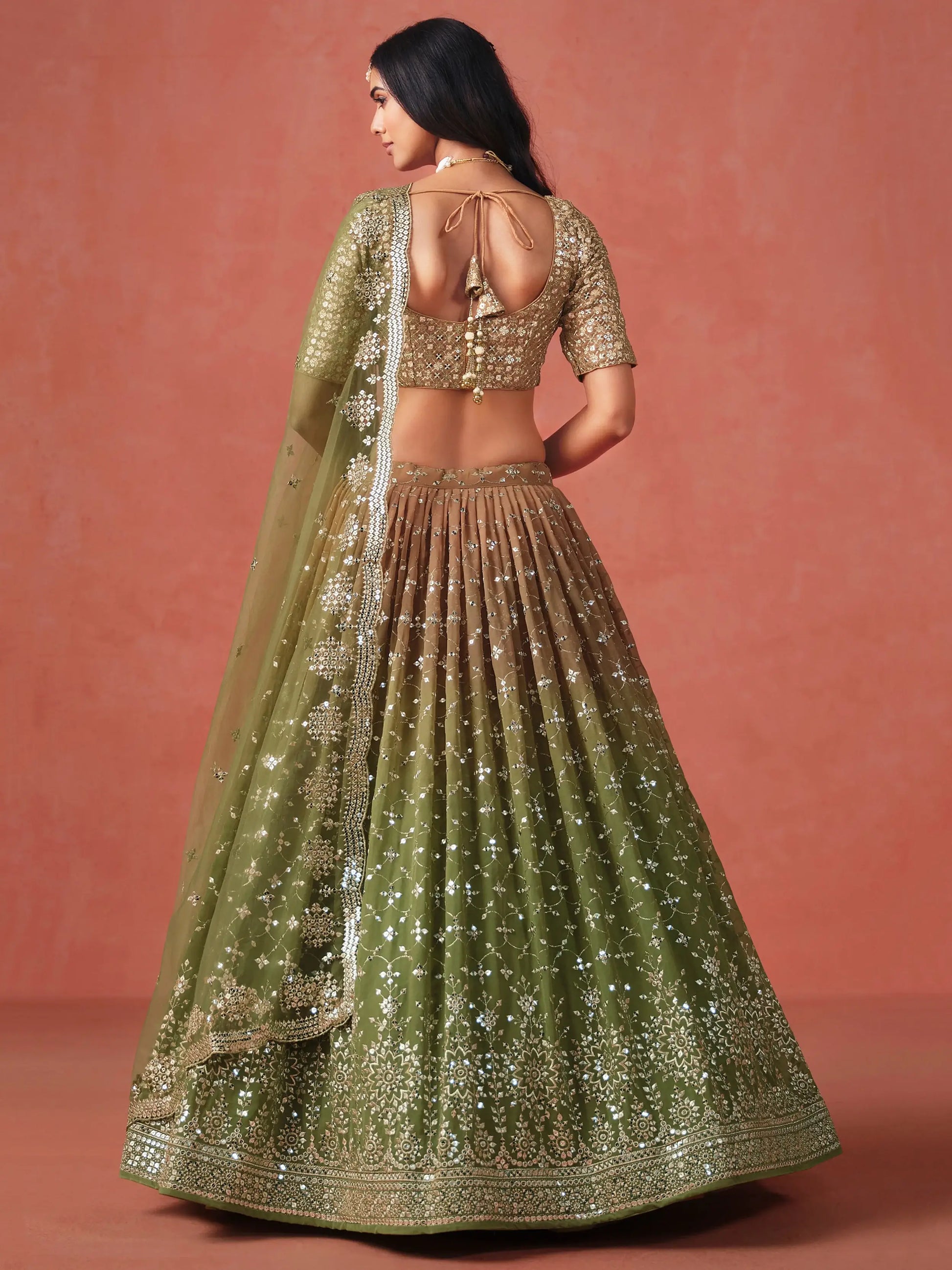 Tantalizing Mehendi Georgette Sequins Work Lehenga Choli With Dupatta - Zeel Clothing