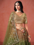 Tantalizing Mehendi Georgette Sequins Work Lehenga Choli With Dupatta - Zeel Clothing