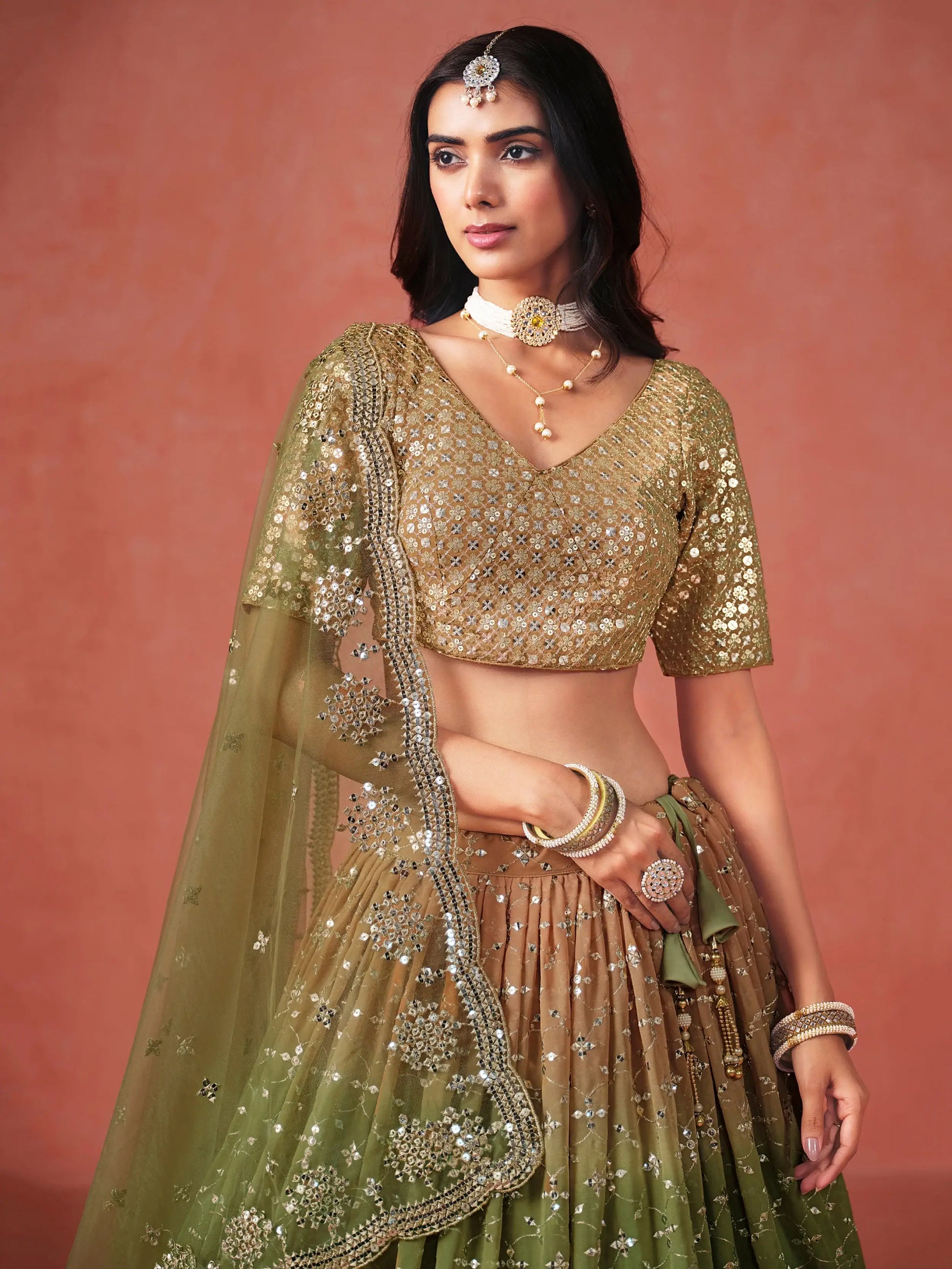 Tantalizing Mehendi Georgette Sequins Work Lehenga Choli With Dupatta - Zeel Clothing