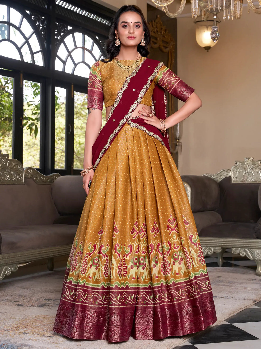 Tantalizing Mustard Yellow Patola Printed Kanchipuram Lehenga Choli - Zeel Clothing