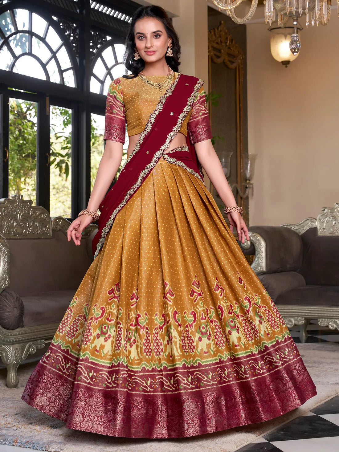 Tantalizing Mustard Yellow Patola Printed Kanchipuram Lehenga Choli - Zeel Clothing