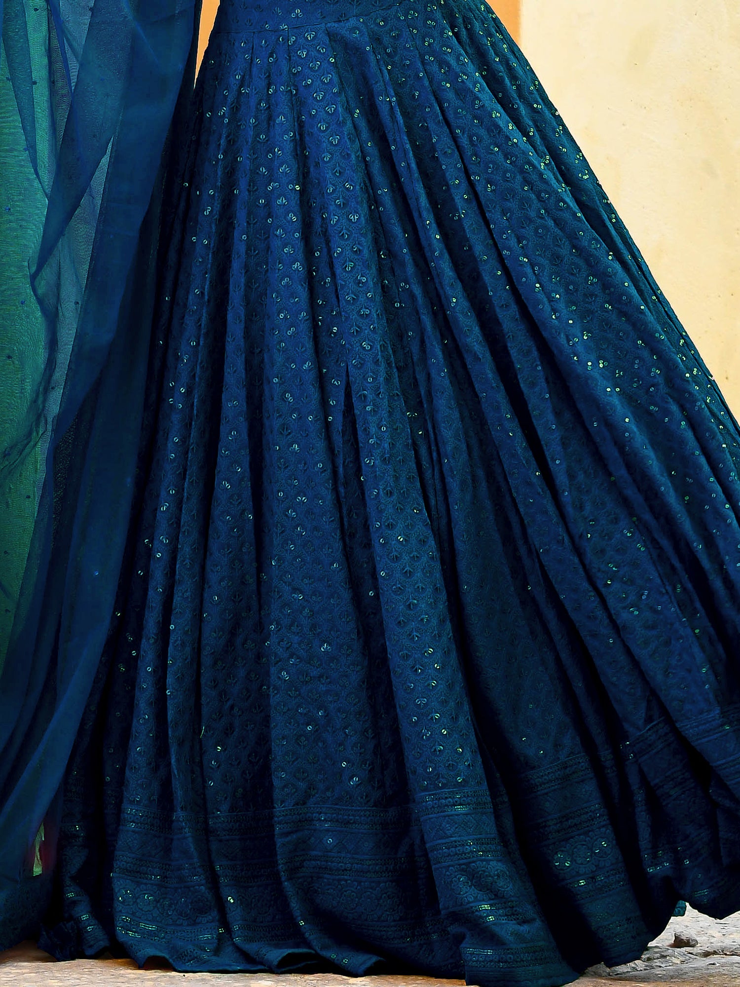 Wonderful Teal Blue Sequins Embroidery Georgette Festive Wear Lehenga Choli