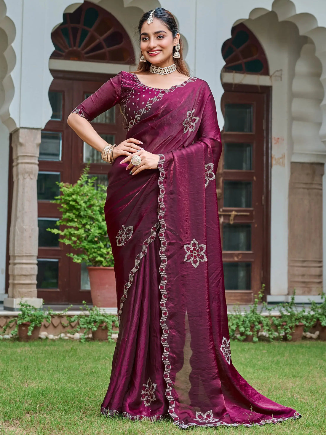 Terrific Wine Diamond Work Silk Wedding Wear Saree With Blouse - Zeel Clothing