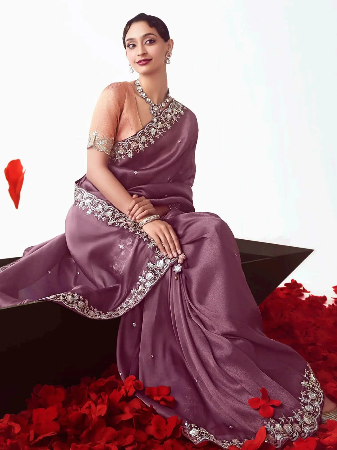 Tremendous Mauve Embroidered Organza Designer Saree With Blouse - Zeel Clothing