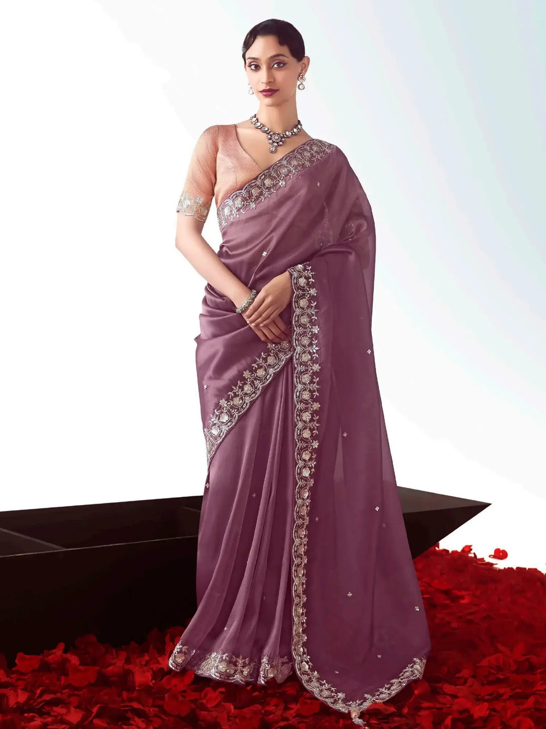 Tremendous Mauve Embroidered Organza Designer Saree With Blouse - Zeel Clothing