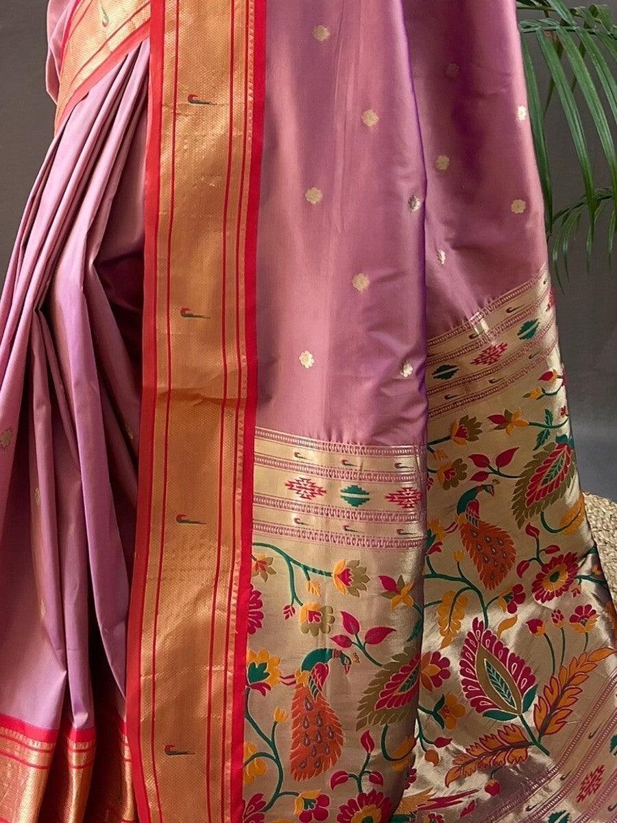 Magnificent Dusty Pink Zari Weaving Silk Saree With Blouse