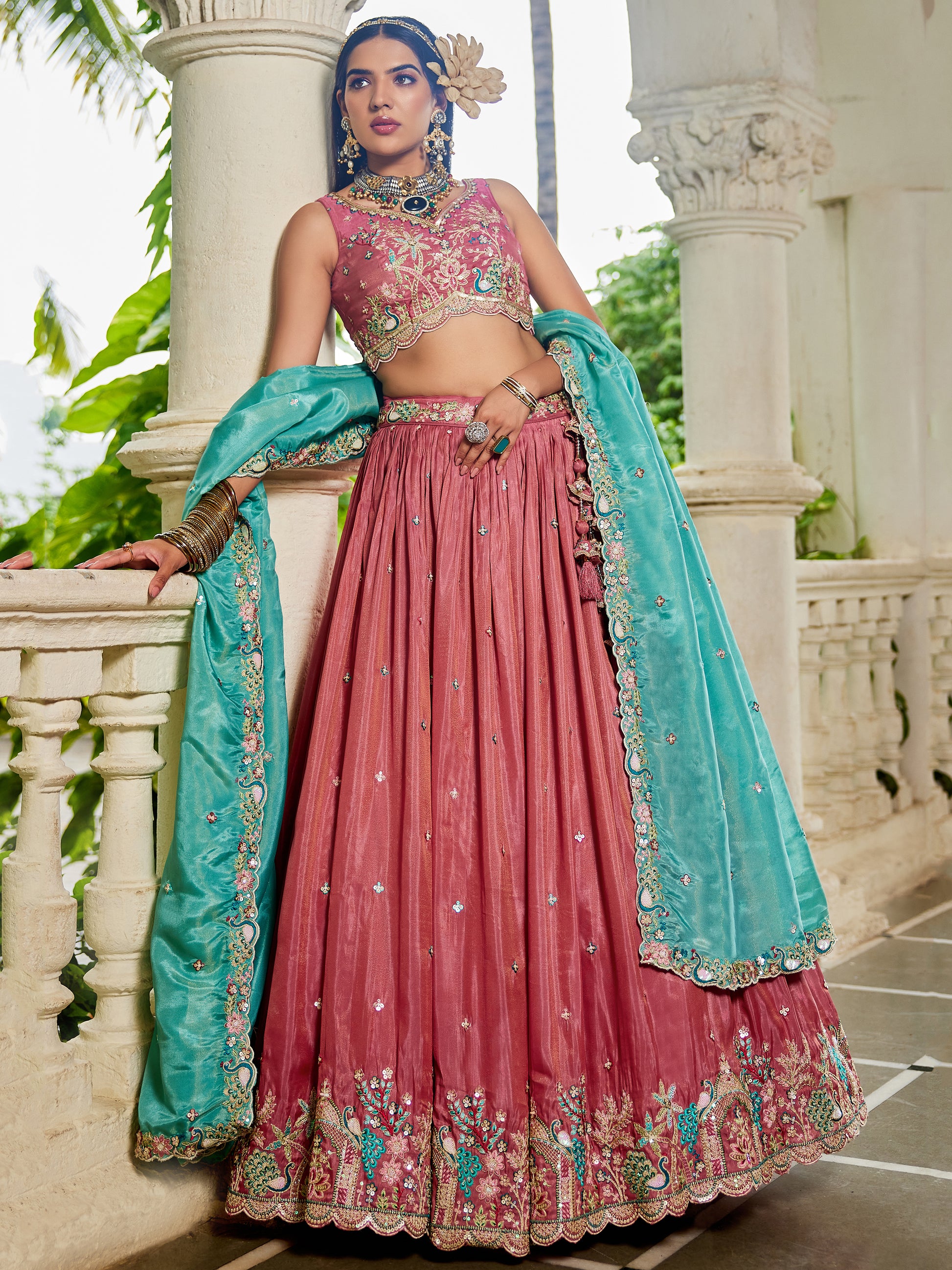 Wonderful Pink Thread Embroidered Satin Lehenga Choli With Dupatta
