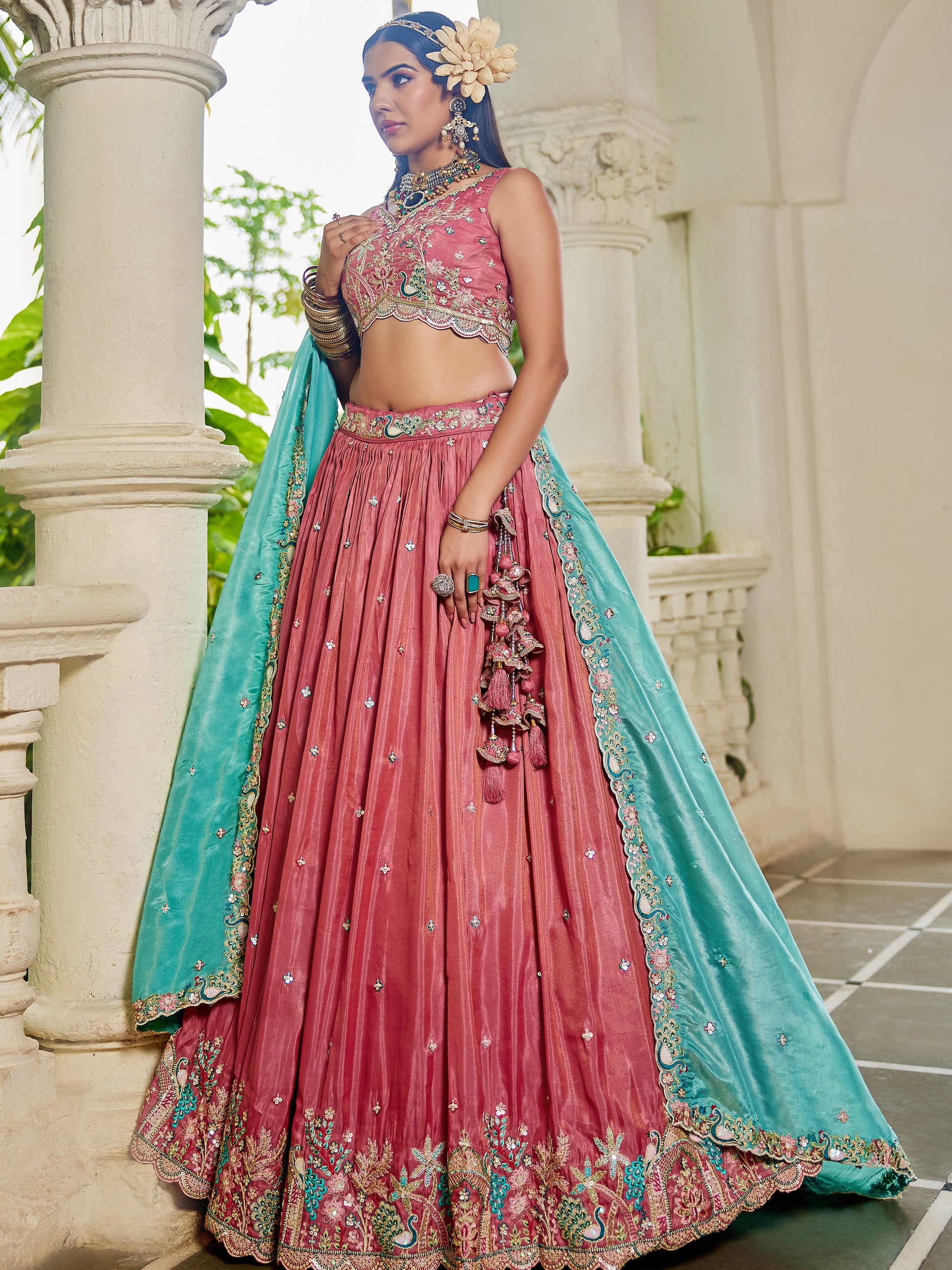 Wonderful Pink Thread Embroidered Satin Lehenga Choli With Dupatta