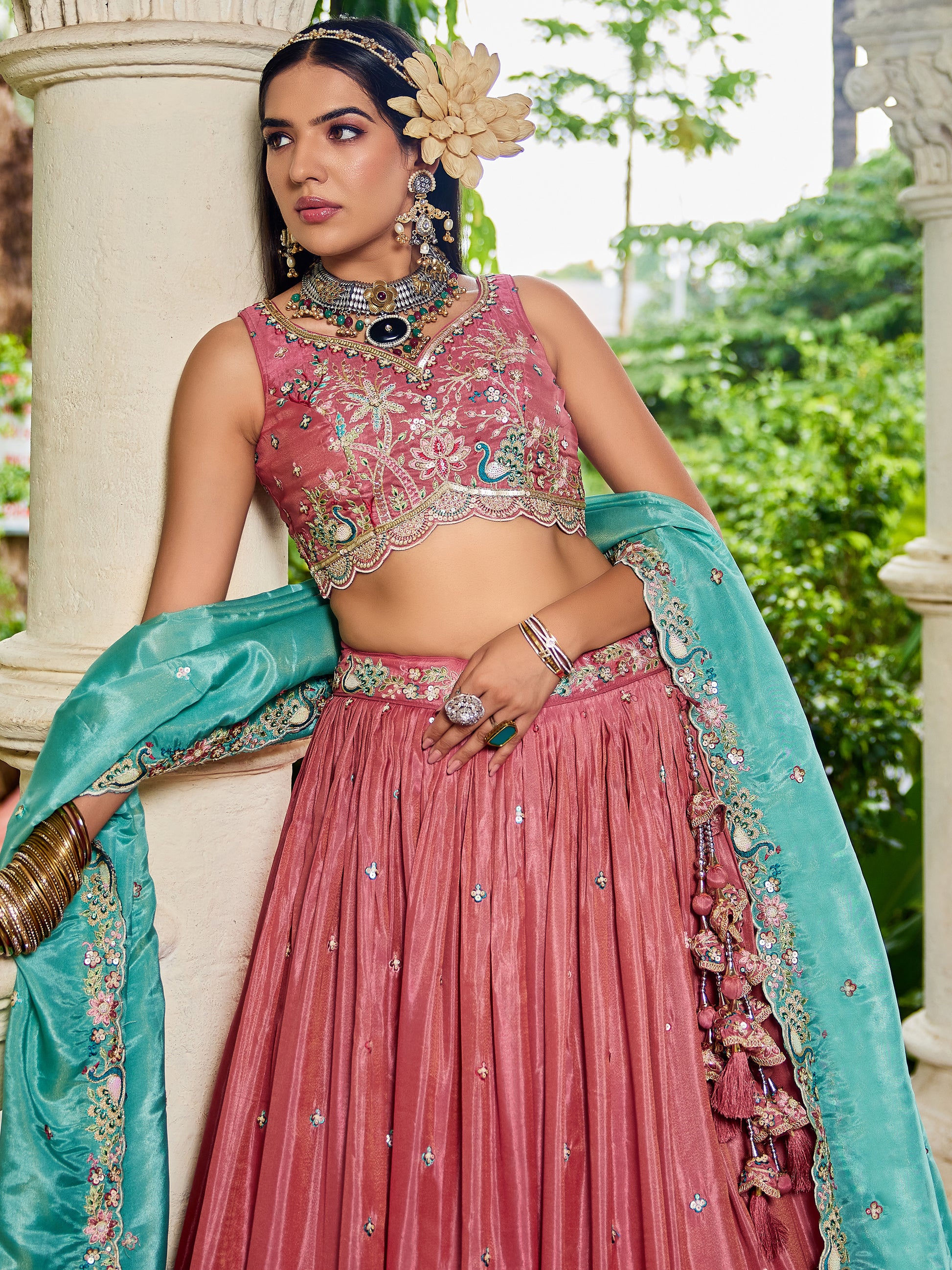 Wonderful Pink Thread Embroidered Satin Lehenga Choli With Dupatta