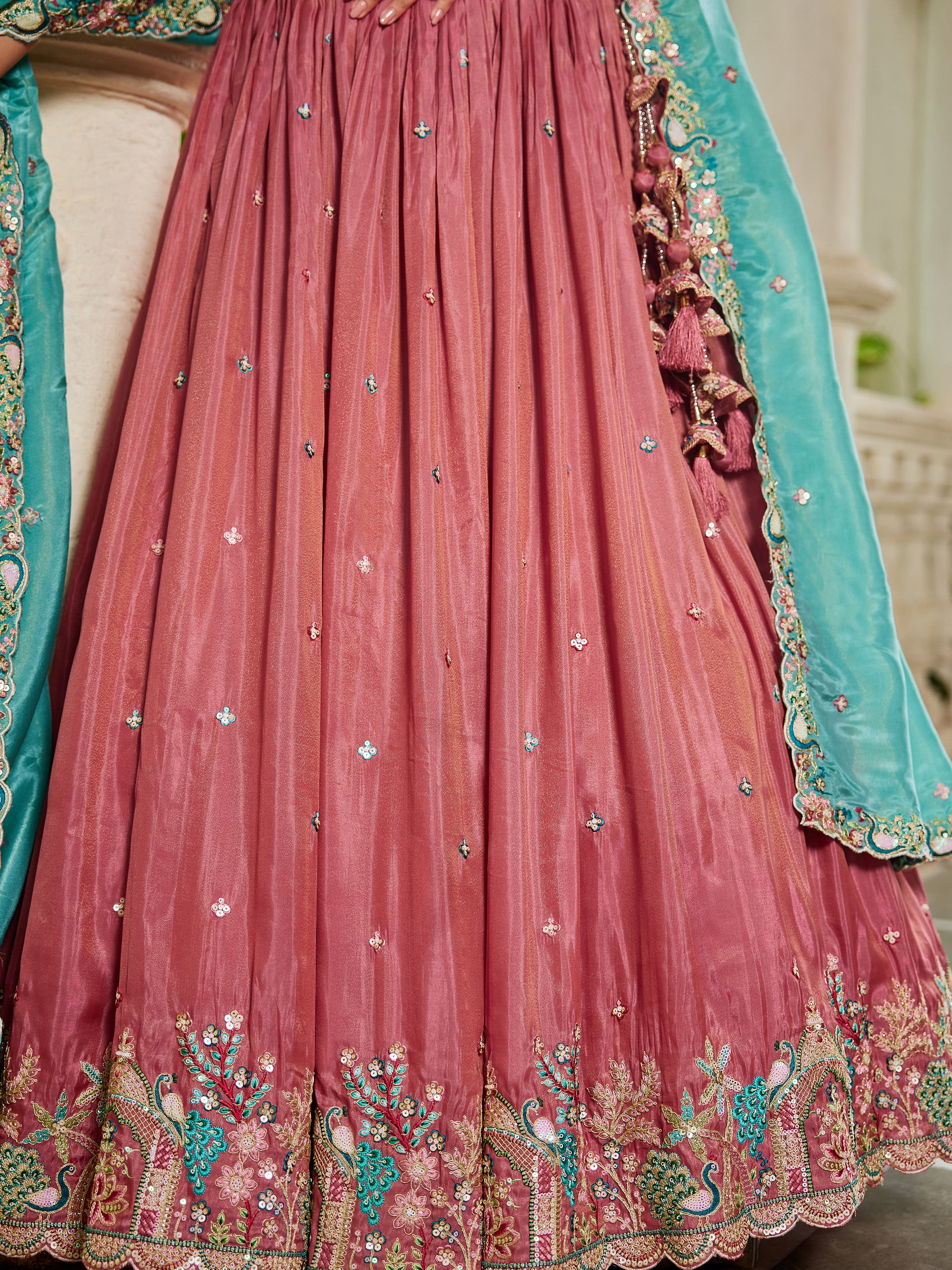 Wonderful Pink Thread Embroidered Satin Lehenga Choli With Dupatta