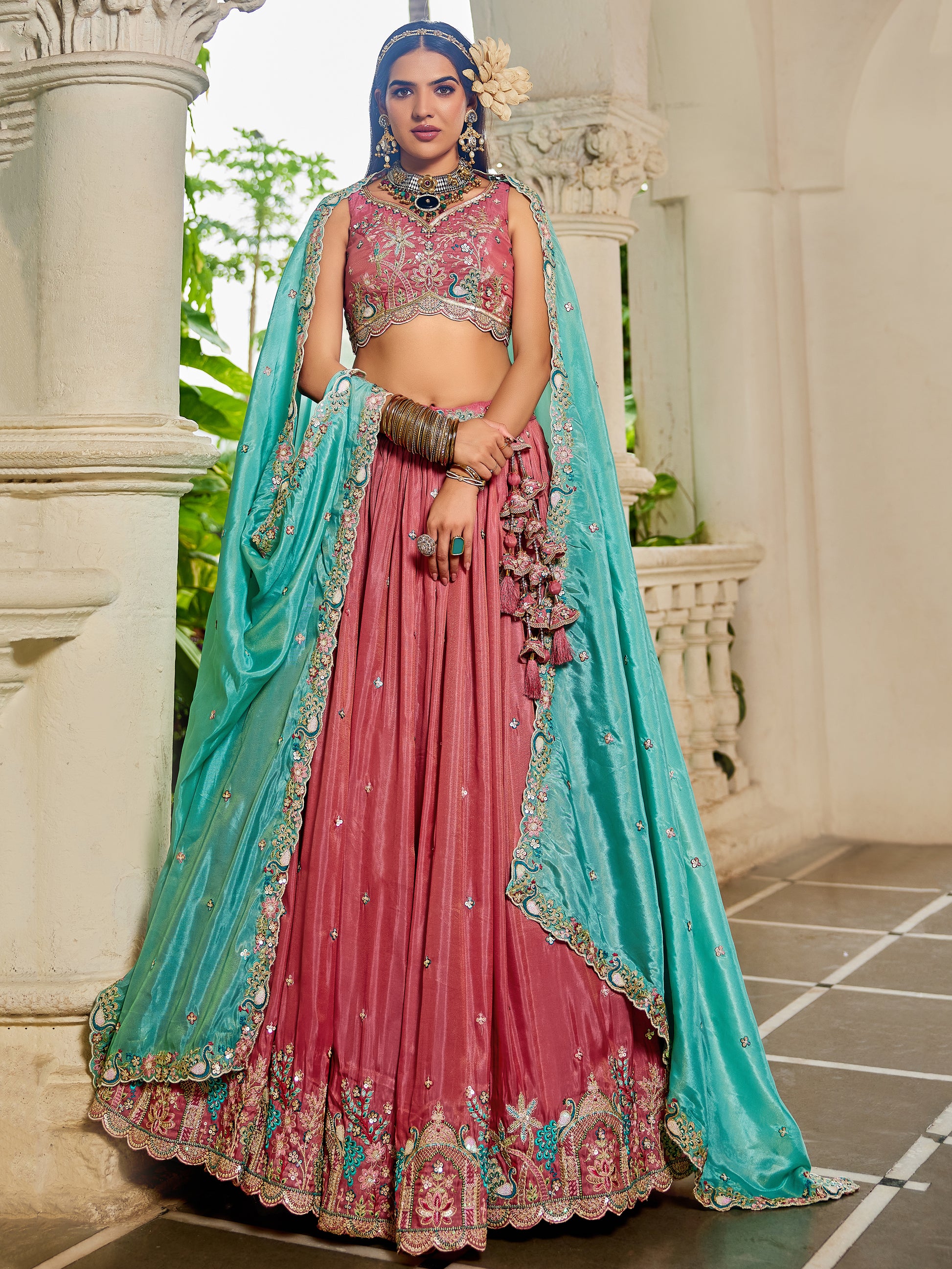 Wonderful Pink Thread Embroidered Satin Lehenga Choli With Dupatta