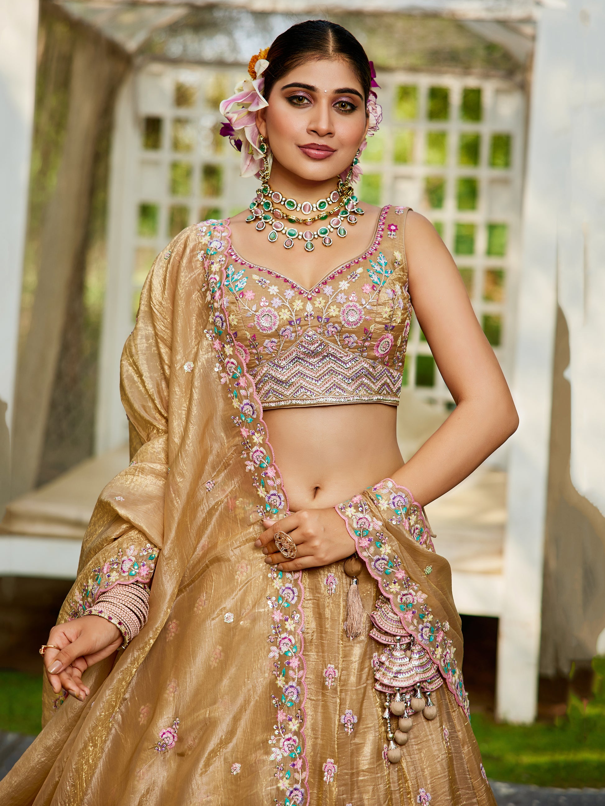 Glamourous Beige Tissue Thread Embroidered Lehenga Choli With Dupatta