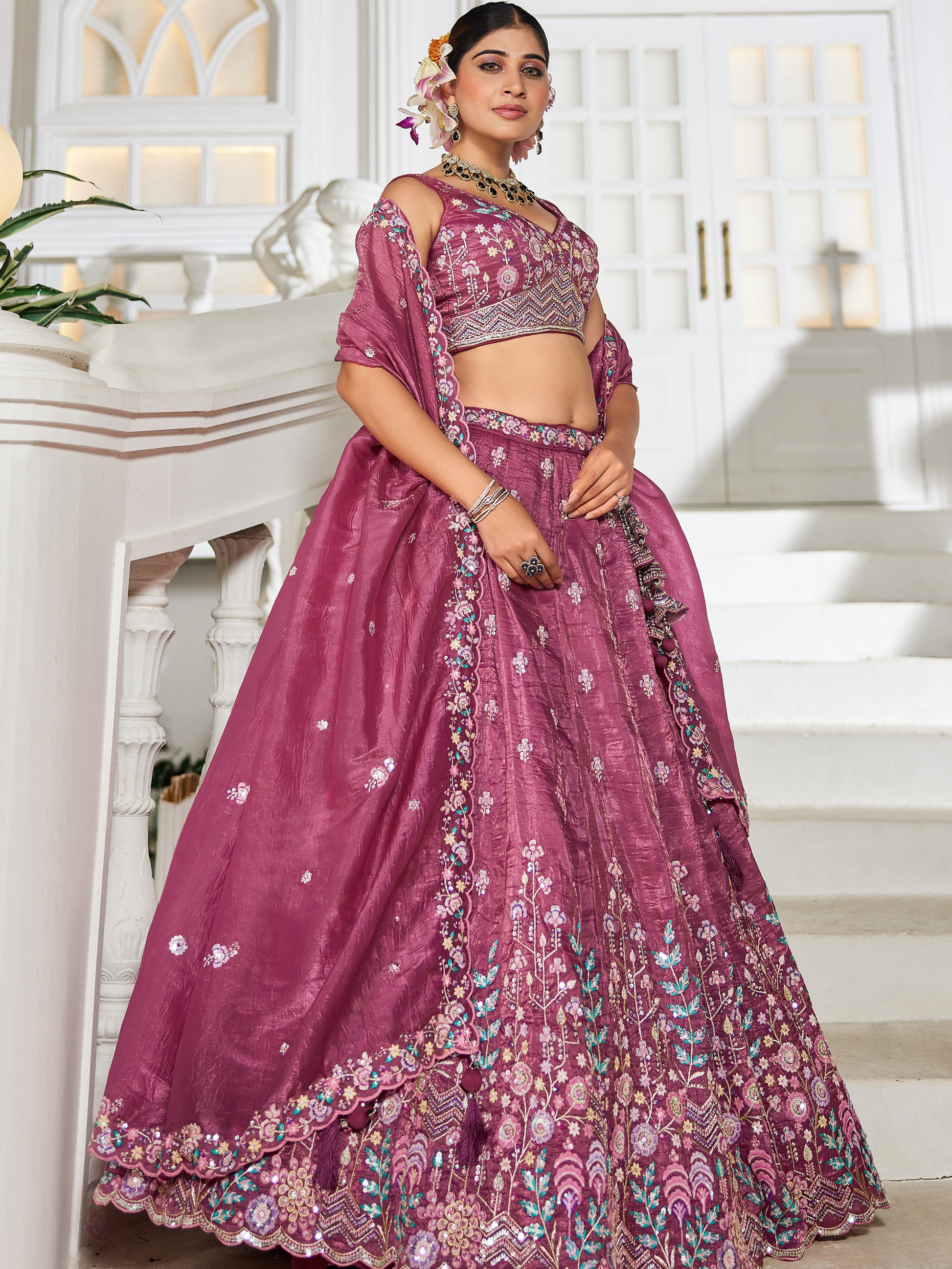 Gorgeous Burgundy Sequins Work Bridesmaids Lehenga Choli With Dupatta