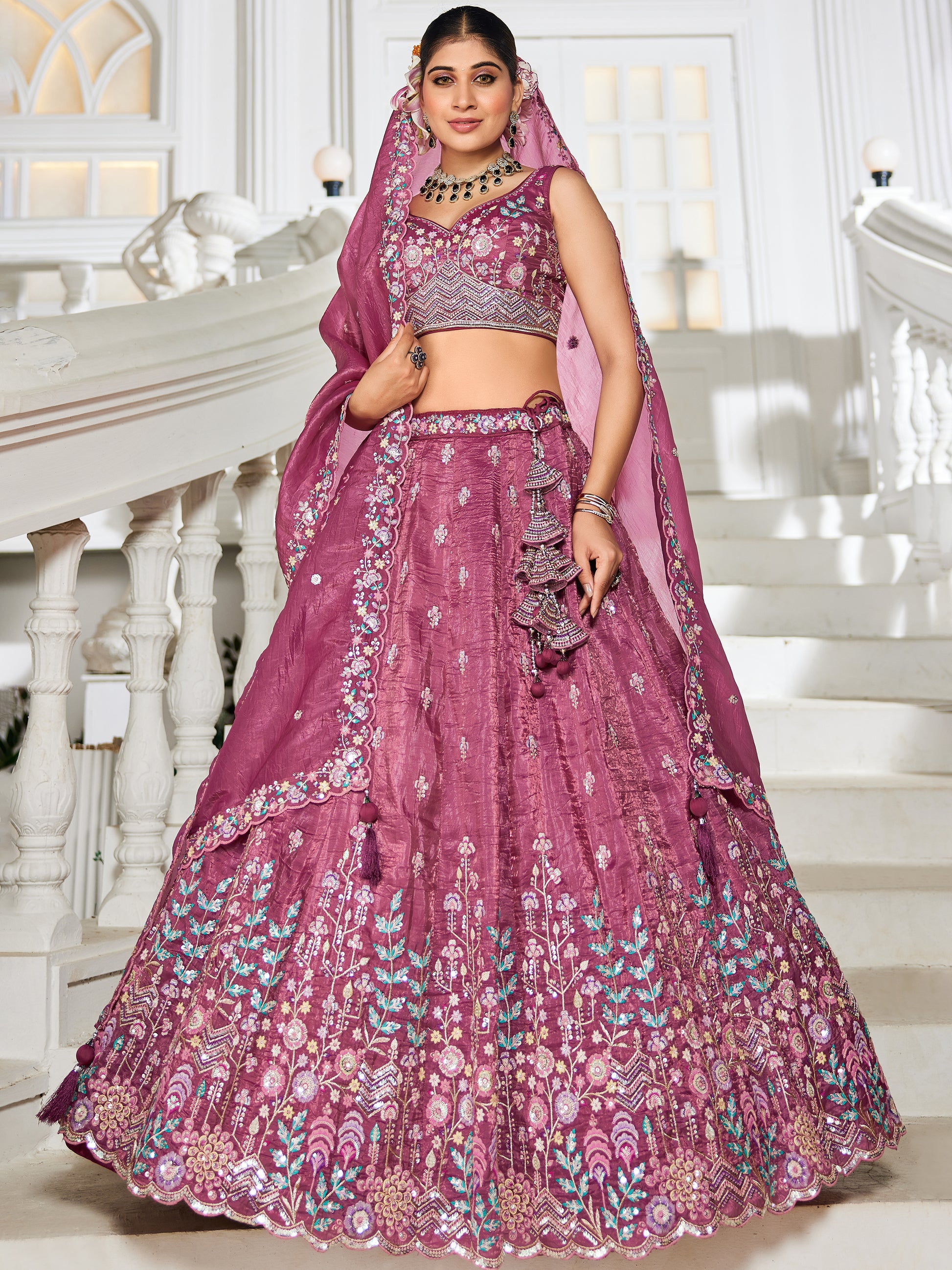 Gorgeous Burgundy Sequins Work Bridesmaids Lehenga Choli With Dupatta