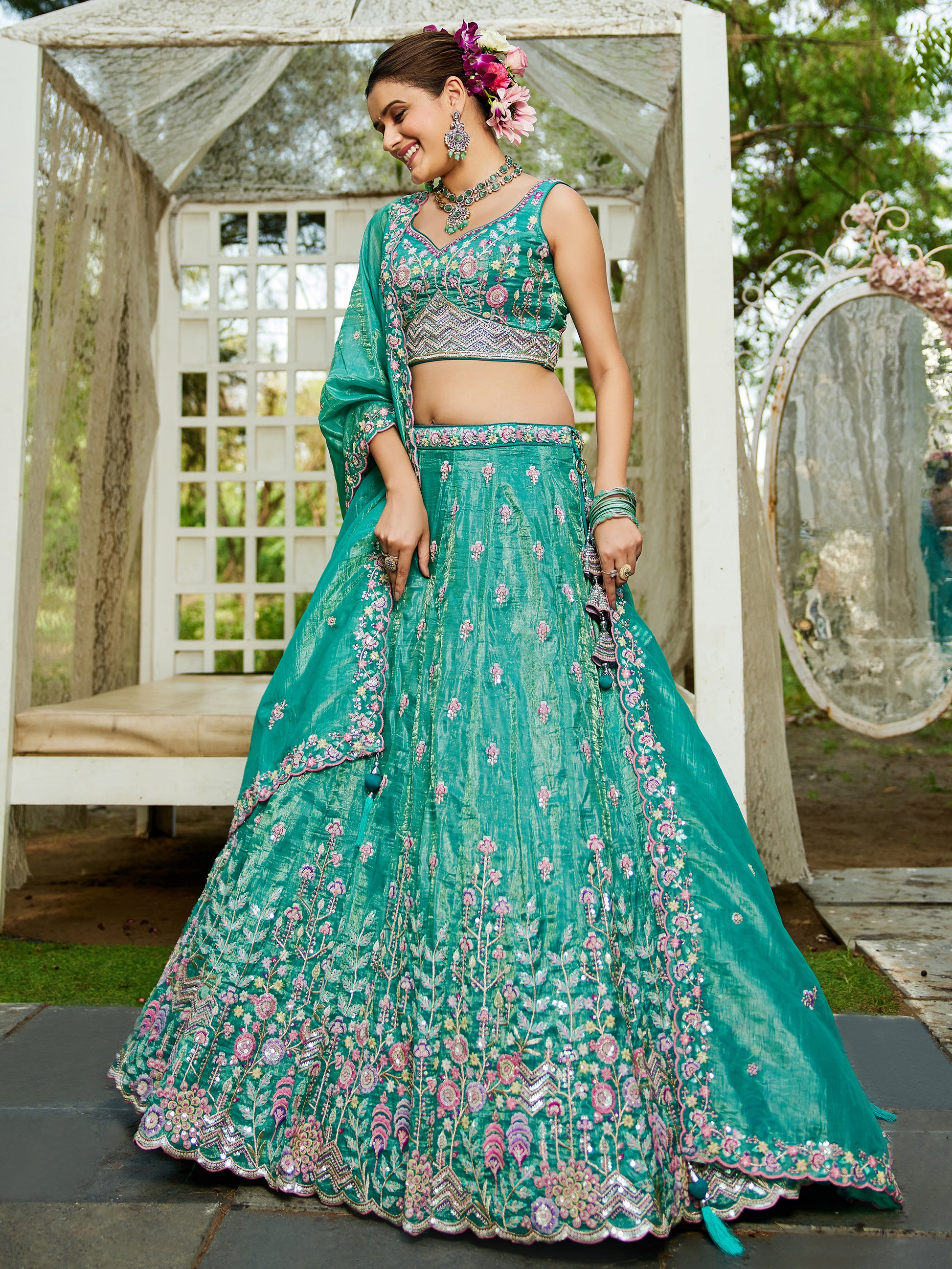 Stunning Sea Green Tissue Wedding Wear Lehenga Choli With Dupatta