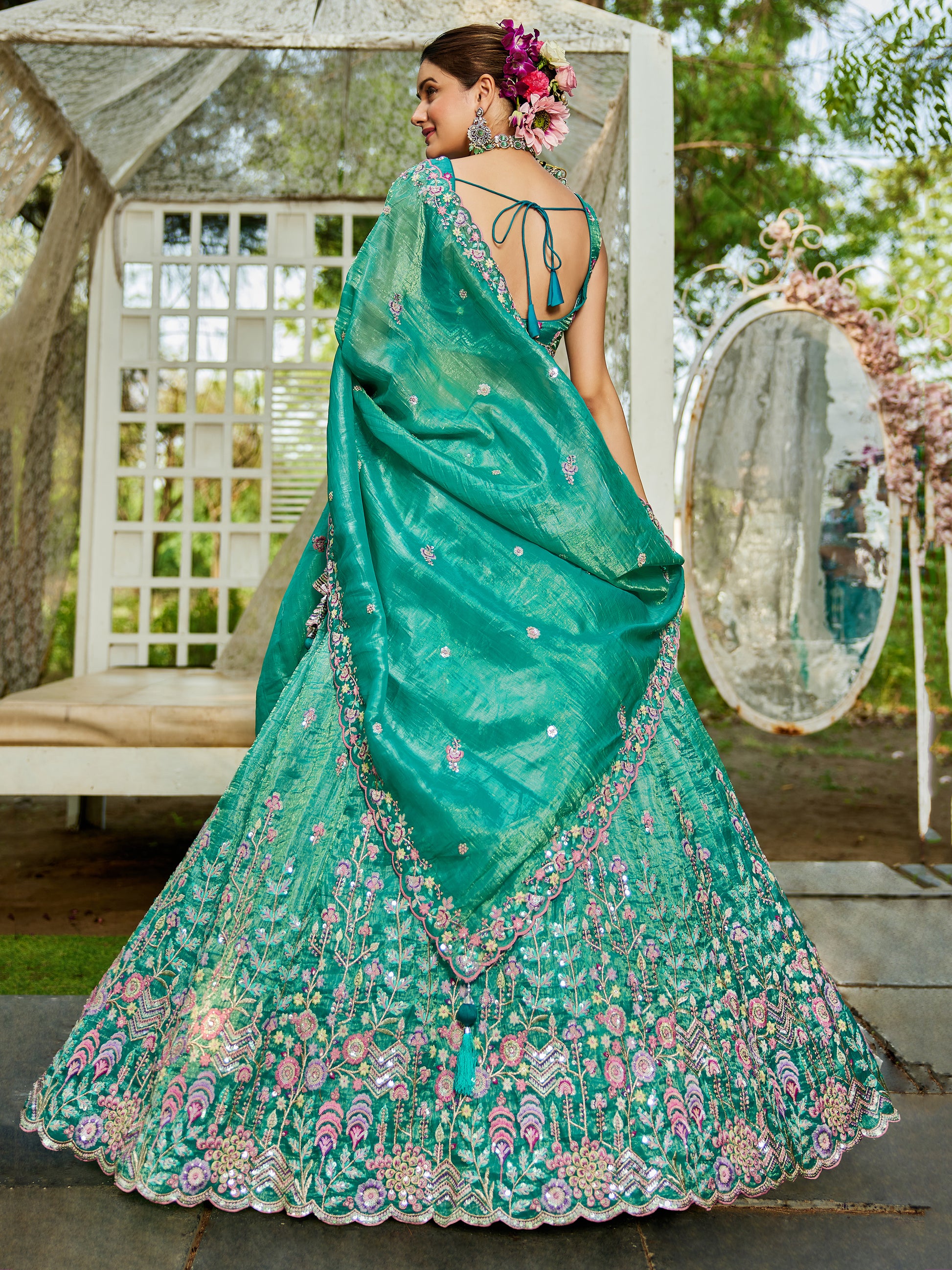Stunning Sea Green Tissue Wedding Wear Lehenga Choli With Dupatta