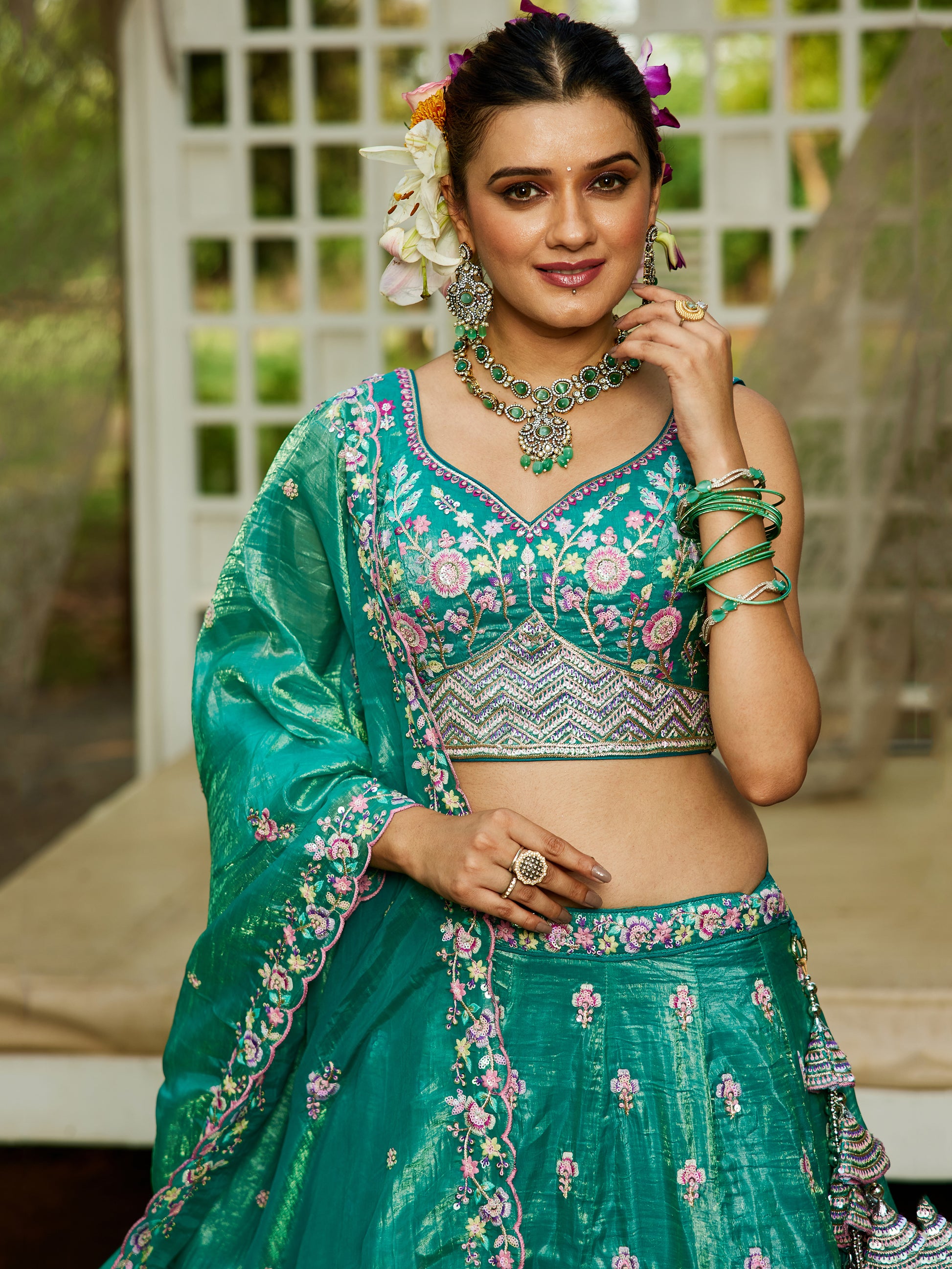 Stunning Sea Green Tissue Wedding Wear Lehenga Choli With Dupatta