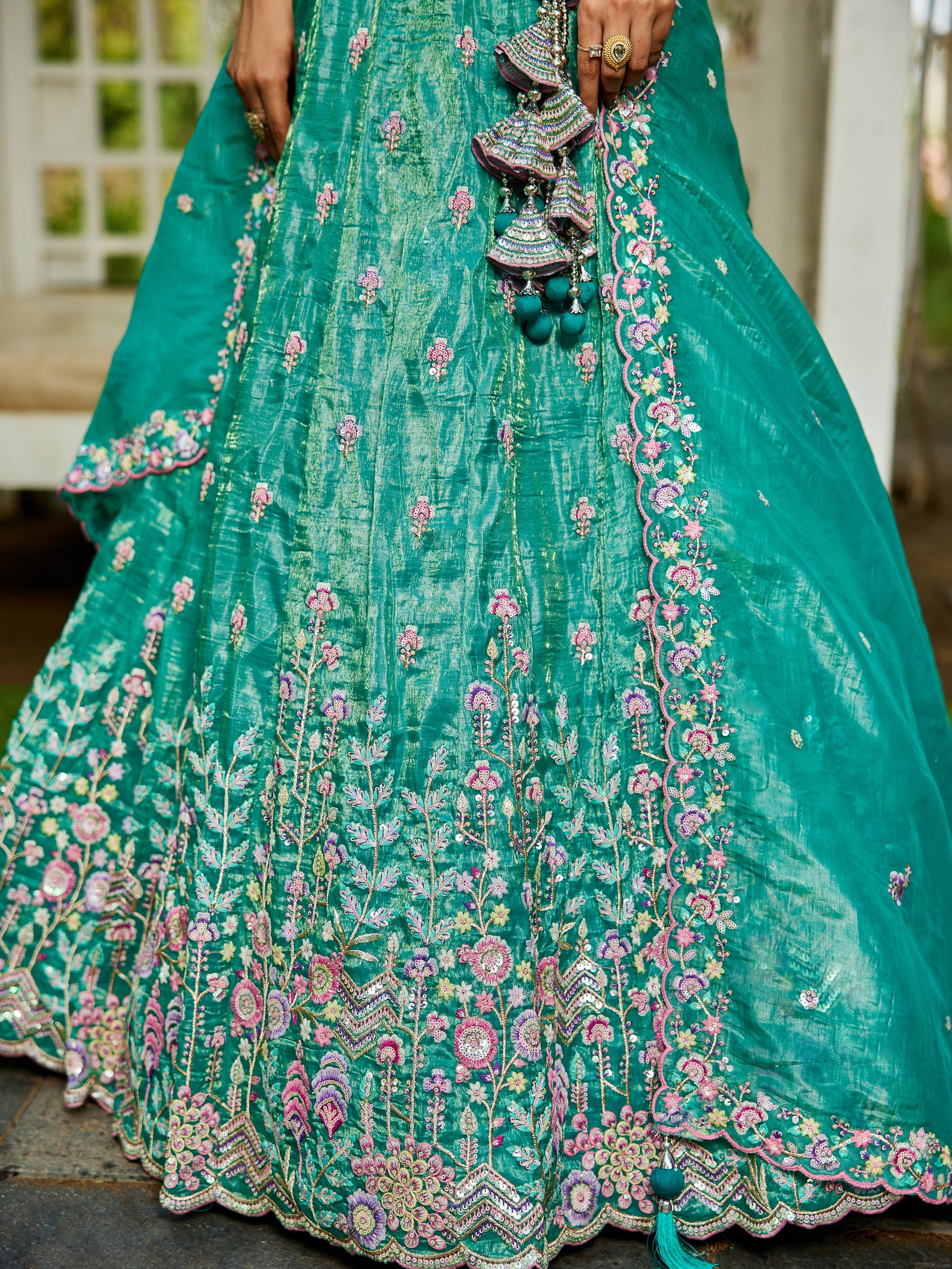 Stunning Sea Green Tissue Wedding Wear Lehenga Choli With Dupatta