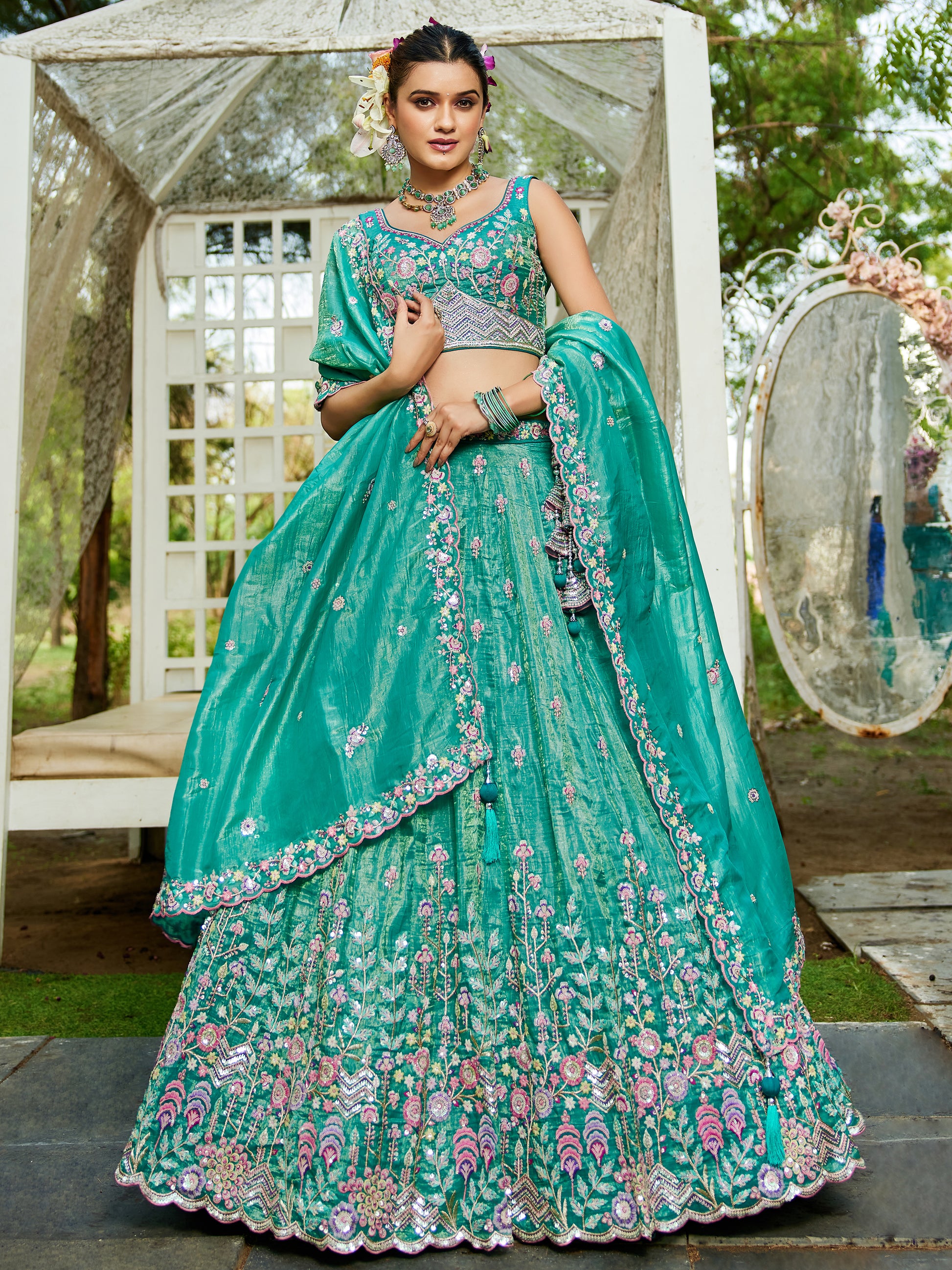 Stunning Sea Green Tissue Wedding Wear Lehenga Choli With Dupatta