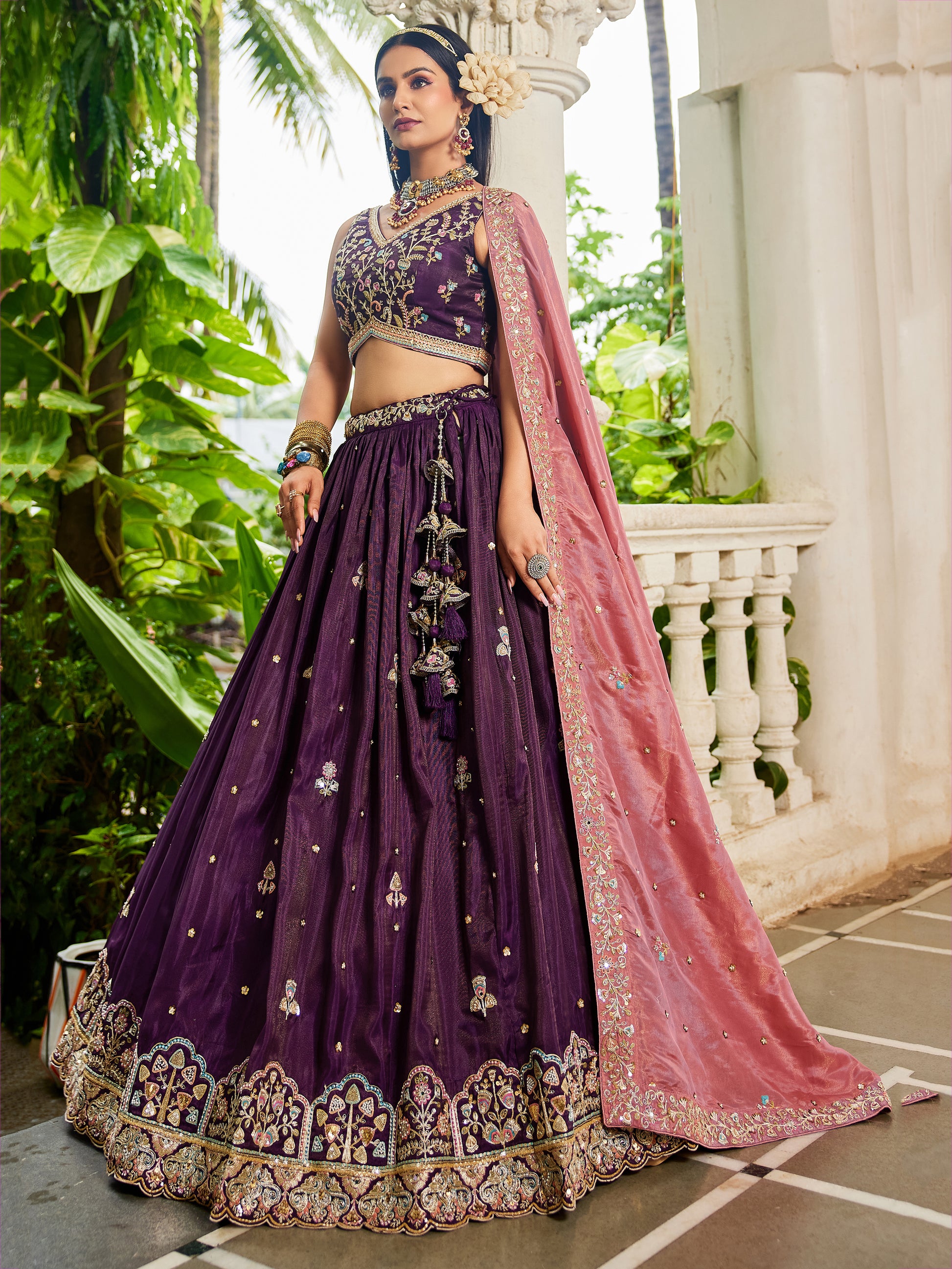 Incredible Burgundy Sequins Embroidered Tissue Lehenga Choli