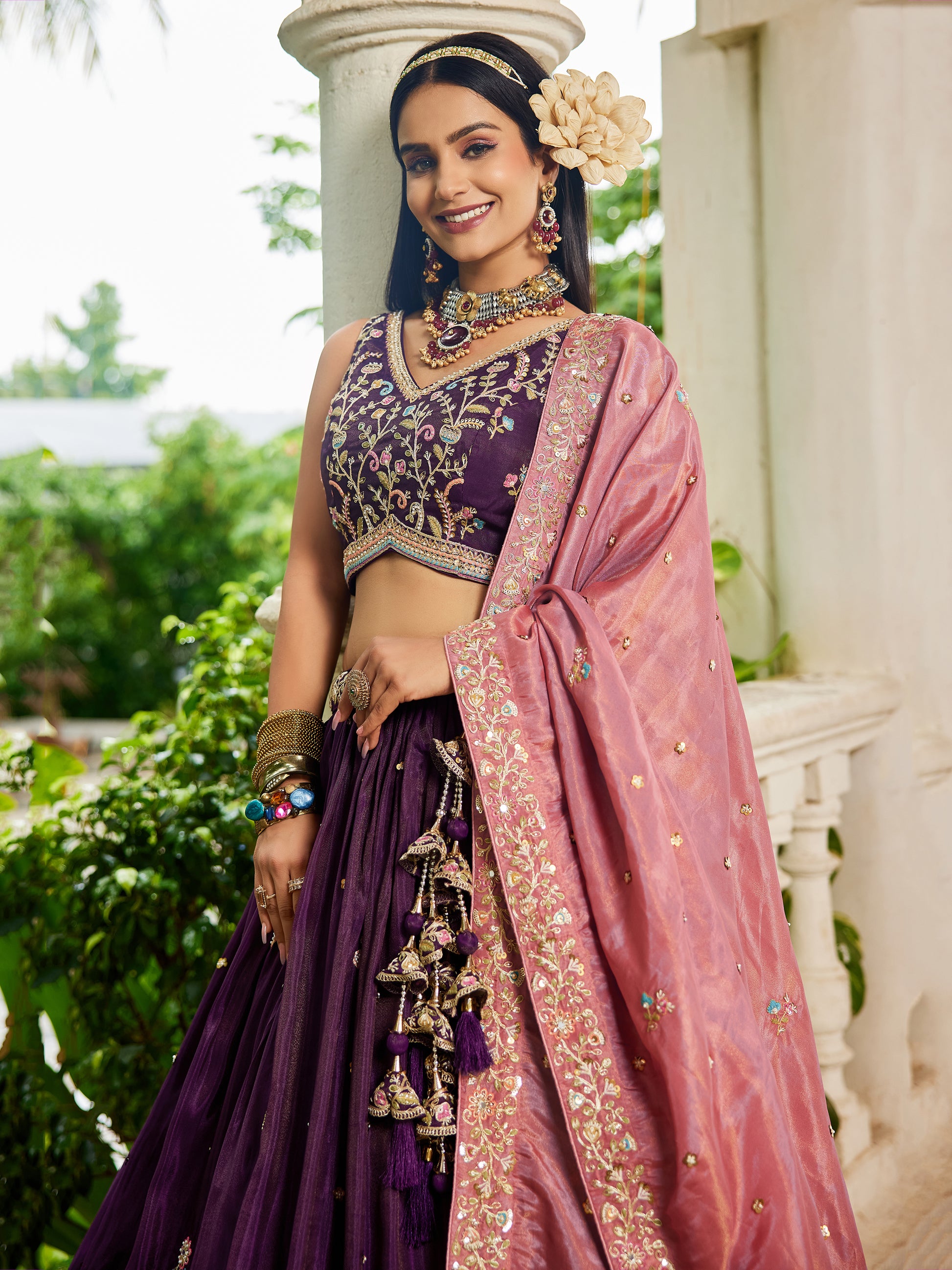 Incredible Burgundy Sequins Embroidered Tissue Lehenga Choli