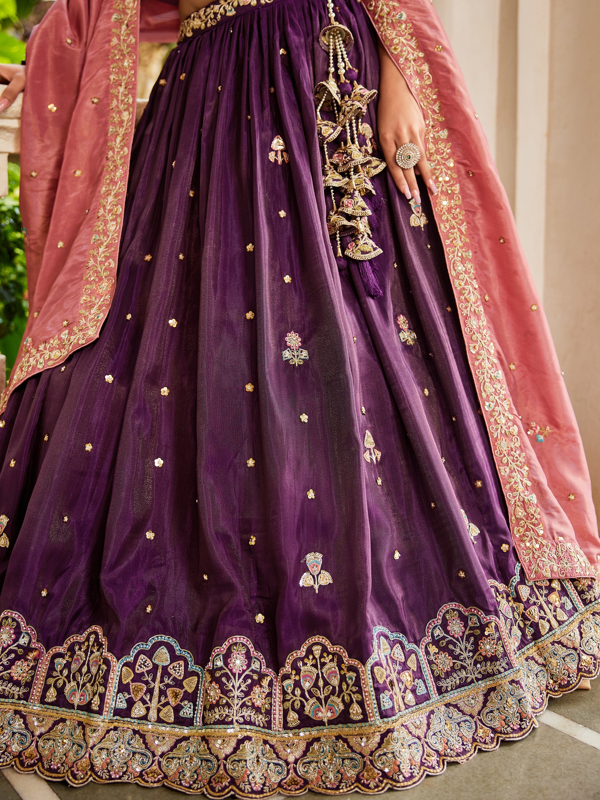 Incredible Burgundy Sequins Embroidered Tissue Lehenga Choli