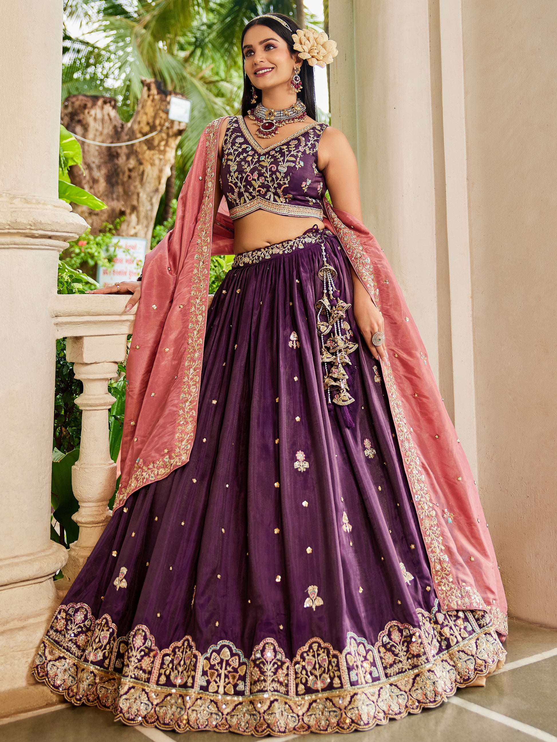 Incredible Burgundy Sequins Embroidered Tissue Lehenga Choli