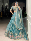 Unique Sky-Blue Floral Embroidered Organza Bridesmaid Lehenga Choli - Zeel Clothing
