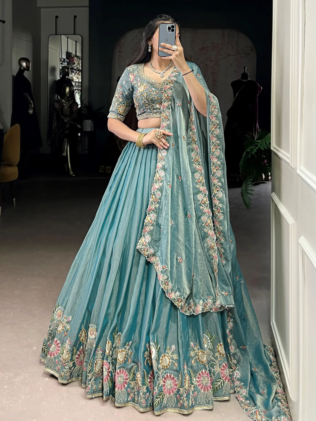 Unique Sky-Blue Floral Embroidered Organza Bridesmaid Lehenga Choli - Zeel Clothing