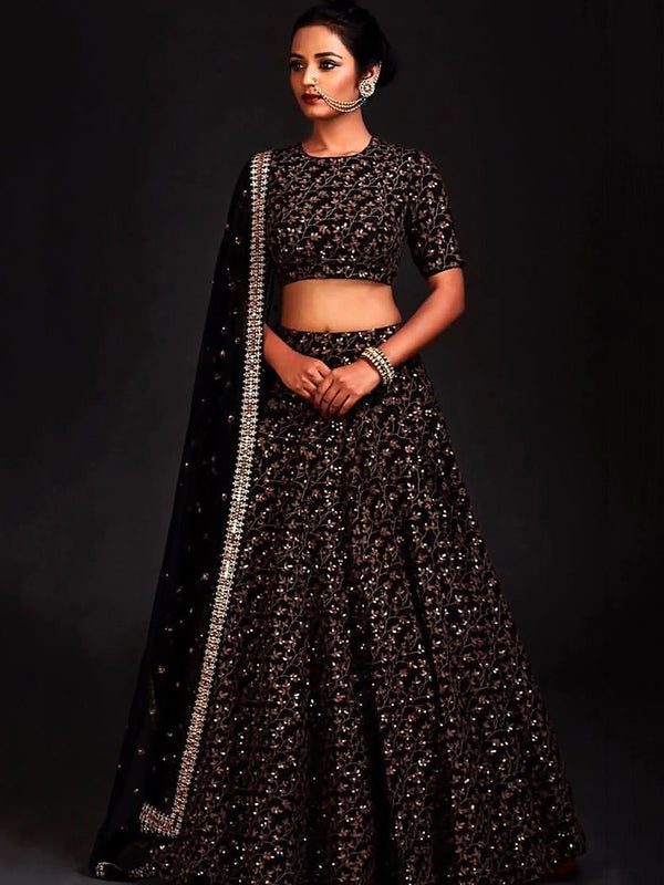 Vine Pattern Golden Sequins Black Silk Lehenga Choli Set - Zeel Clothing