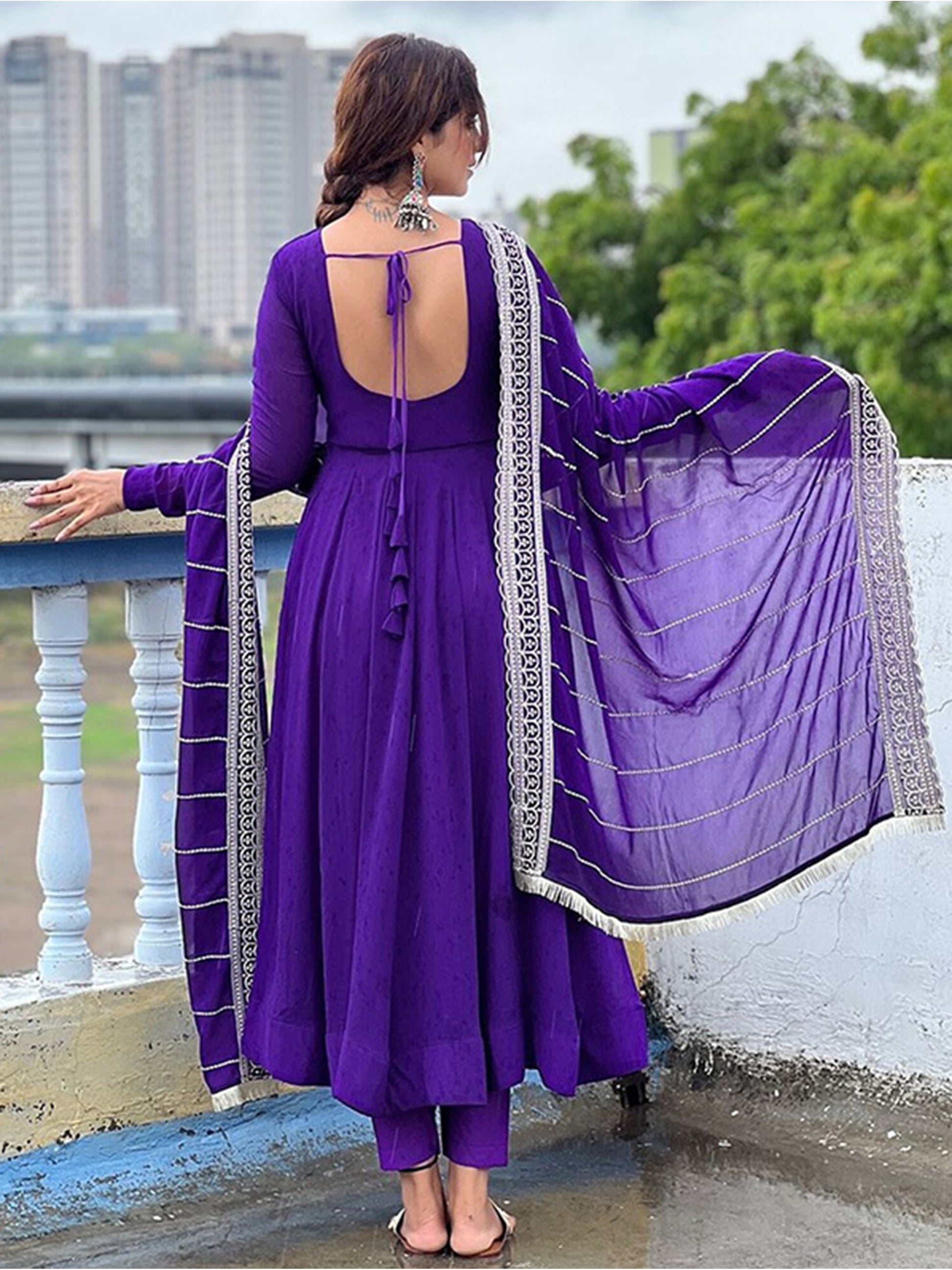 Dazzling Purple Georgette Event Wear Anarkali Suit Pant With Dupatta