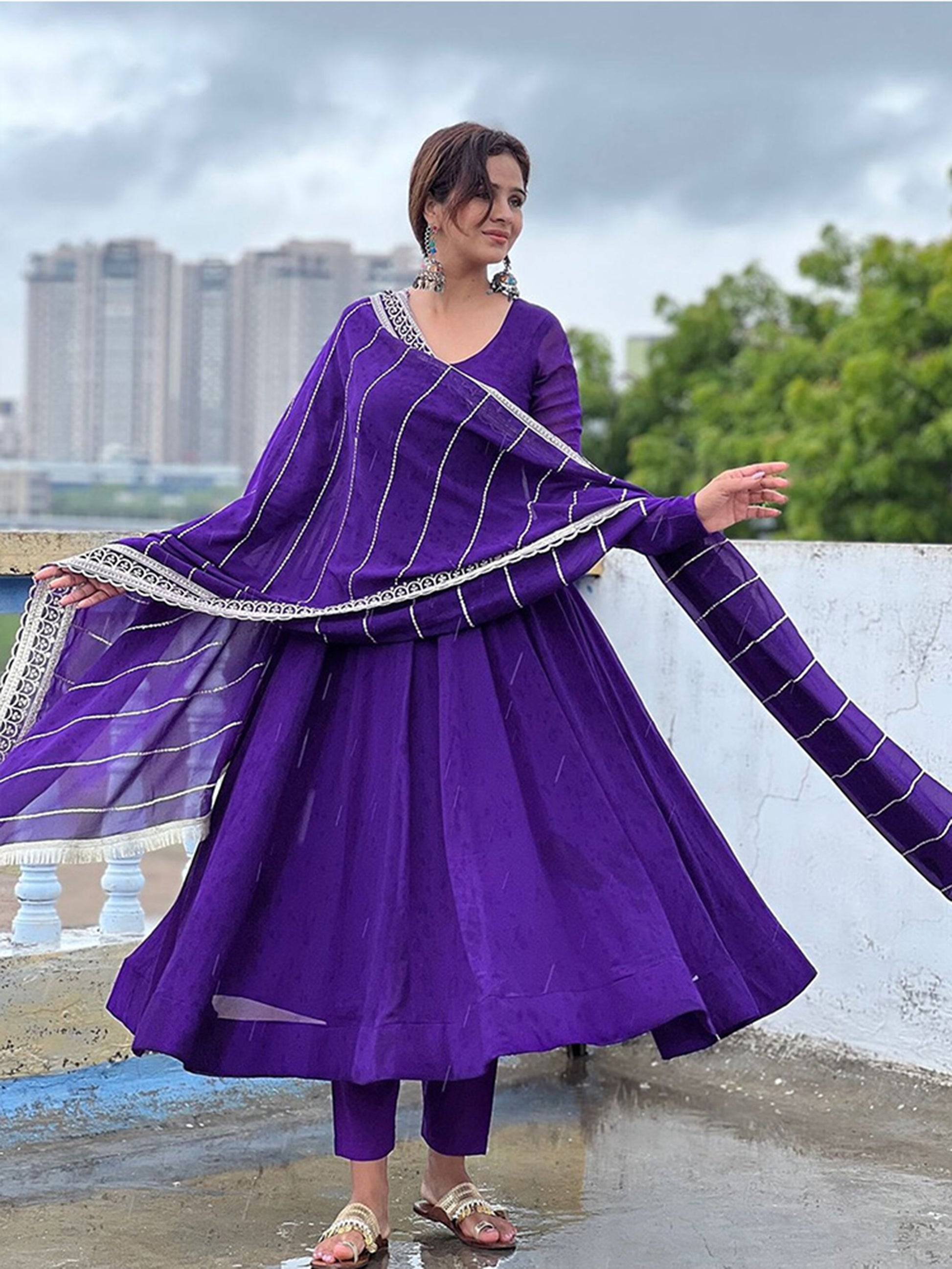 Dazzling Purple Georgette Event Wear Anarkali Suit Pant With Dupatta