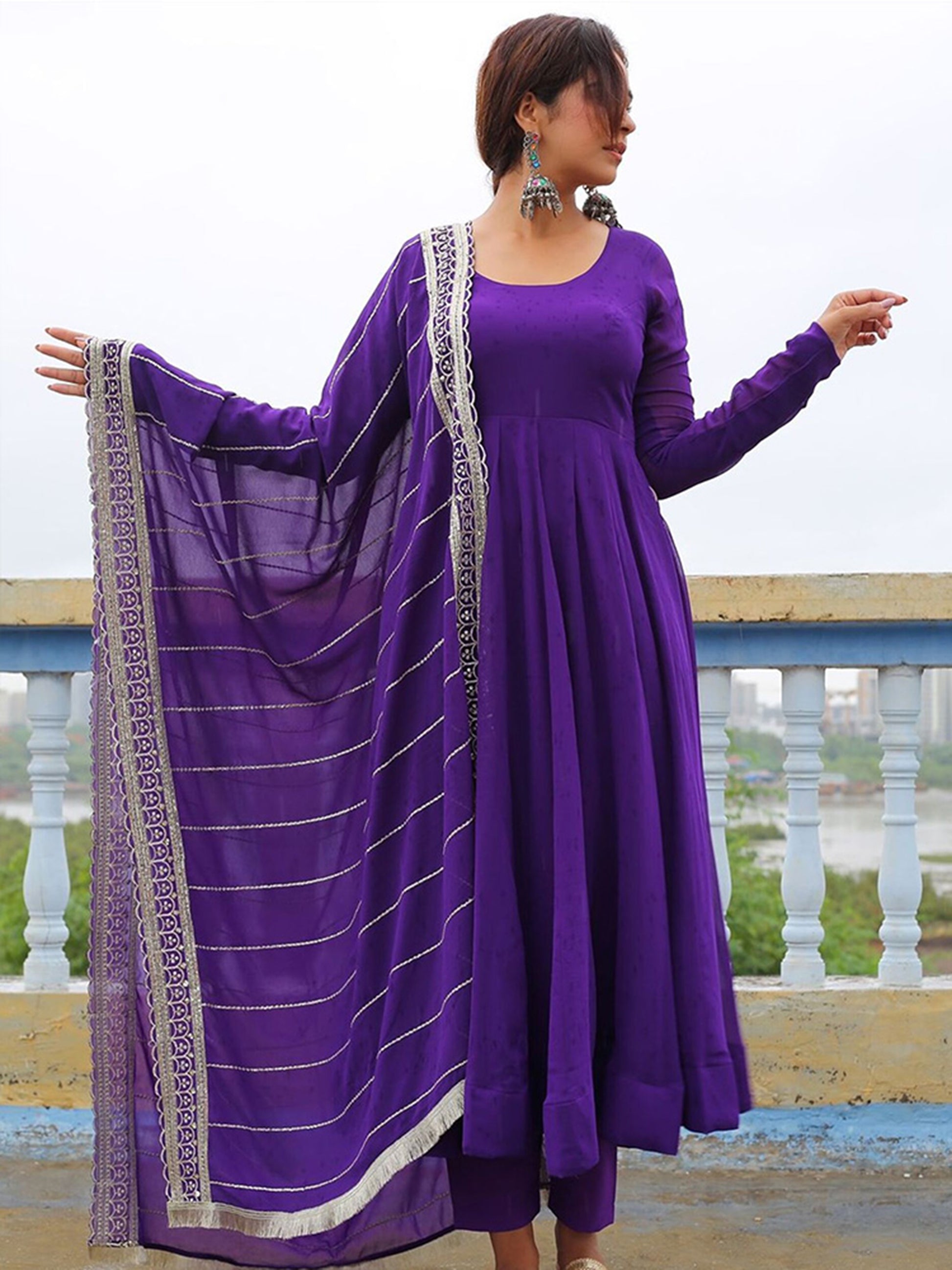 Dazzling Purple Georgette Event Wear Anarkali Suit Pant With Dupatta