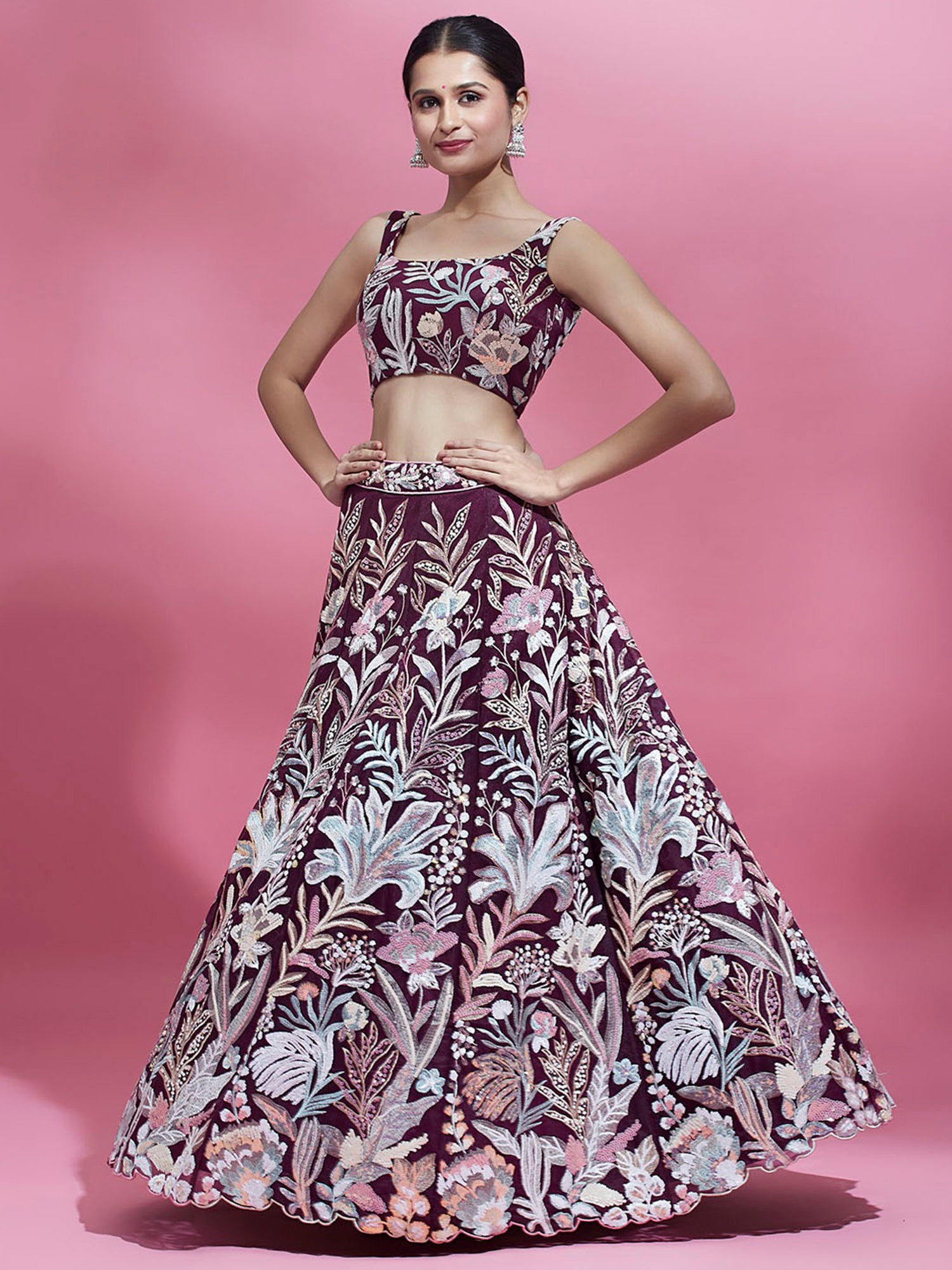 Spectacular Wine Sequins Net Engagement Wear Lehenga Choli