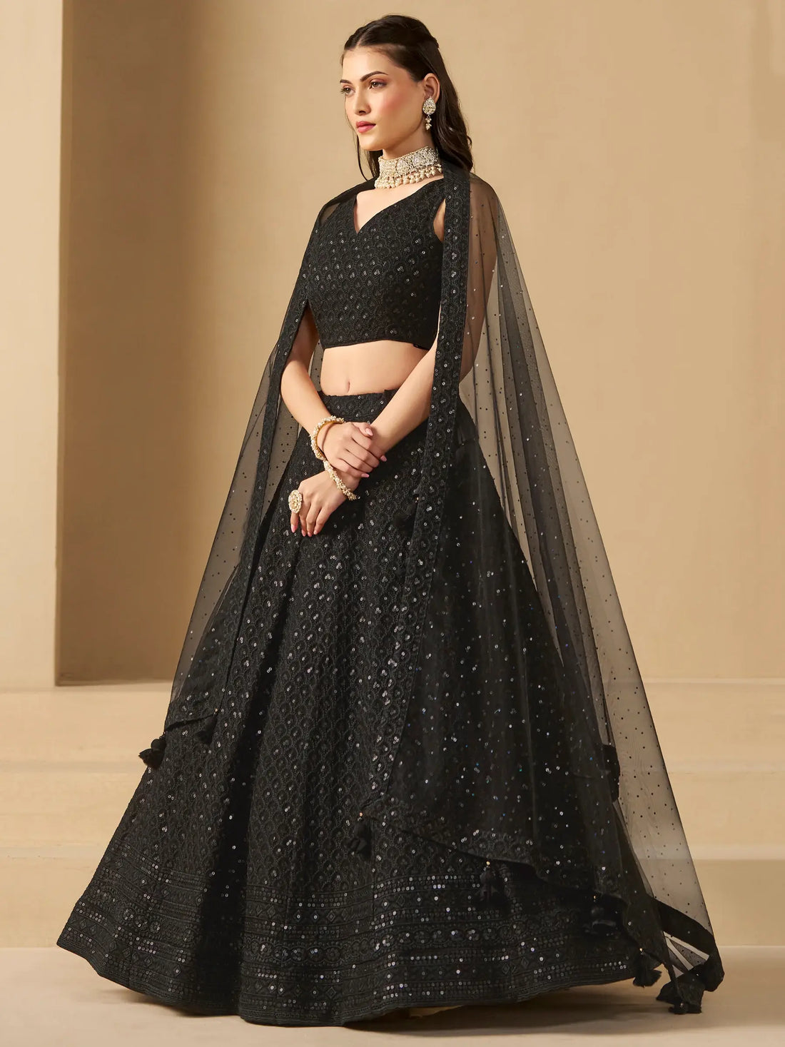 Wonderful Black Sequins Georgette Reception Wear Lehenga Choli - Zeel Clothing