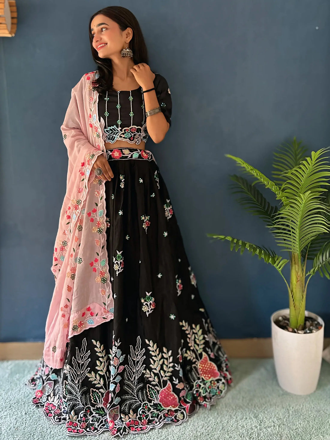 Wonderful Black Thread Embroidered Chinon Wedding Lehenga Choli - Zeel Clothing