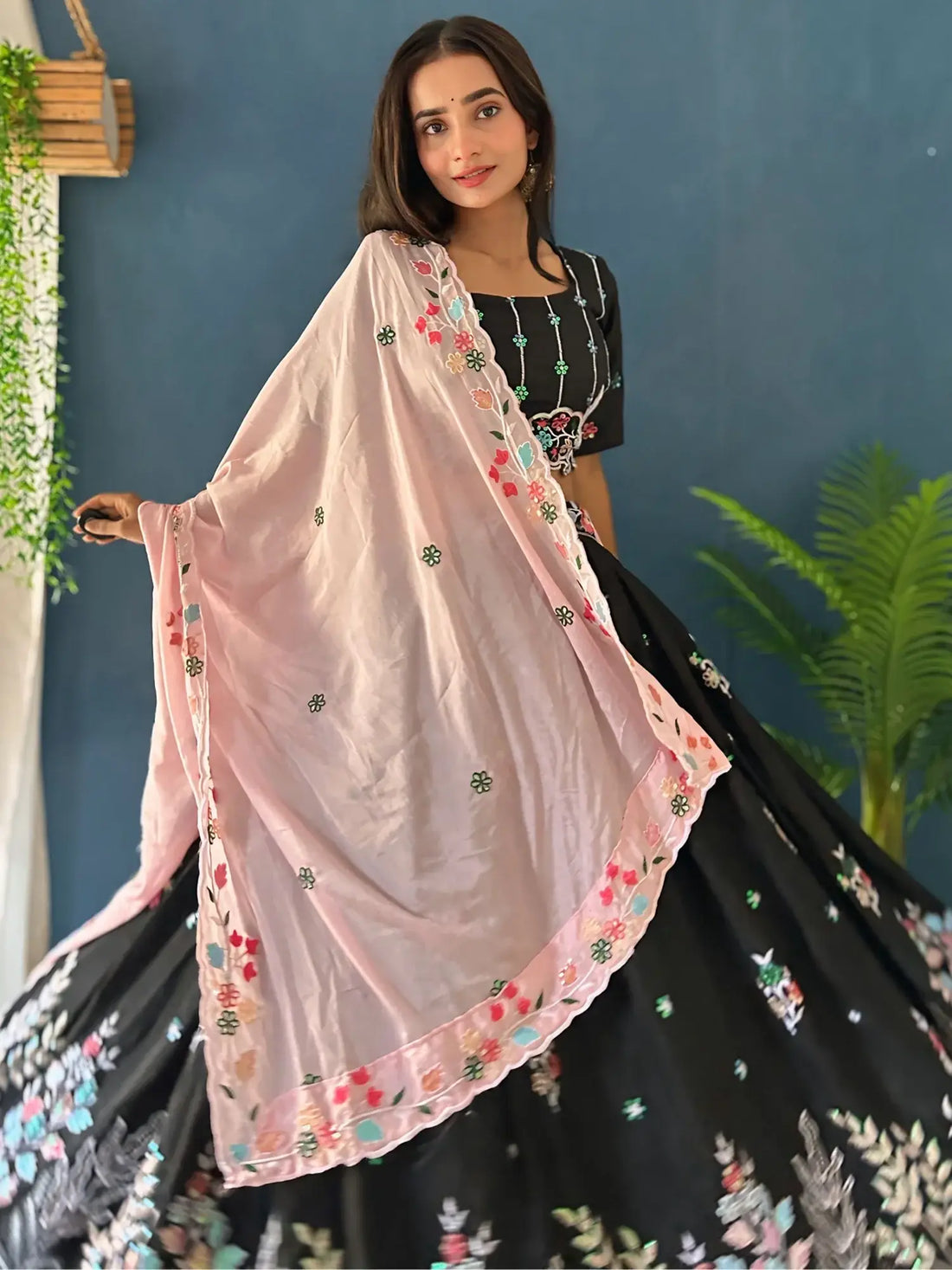 Wonderful Black Thread Embroidered Chinon Wedding Lehenga Choli - Zeel Clothing