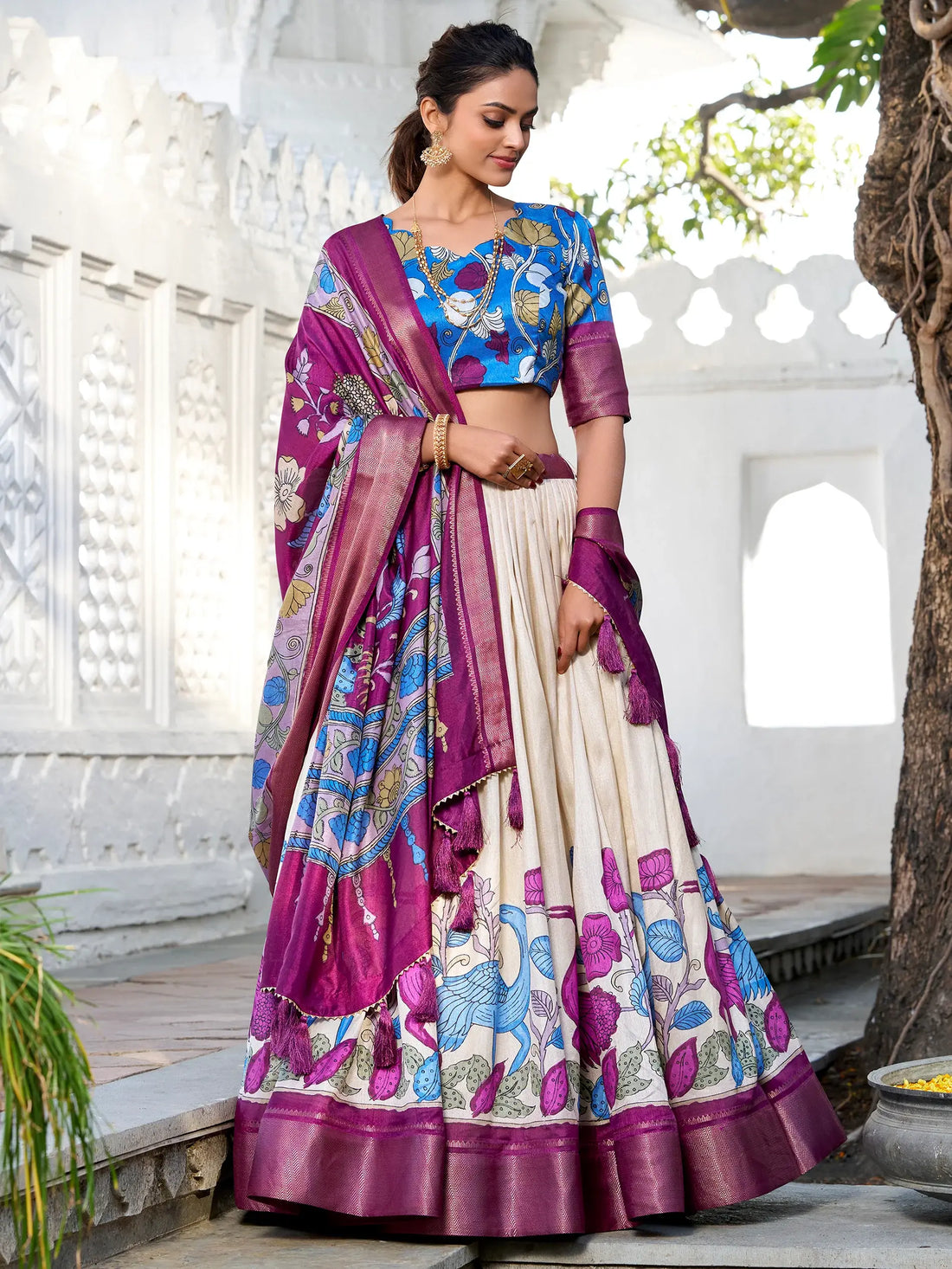 Wonderful Off-White Kalamkari Printed Silk Navratri Wear Lehenga Choli - Zeel Clothing
