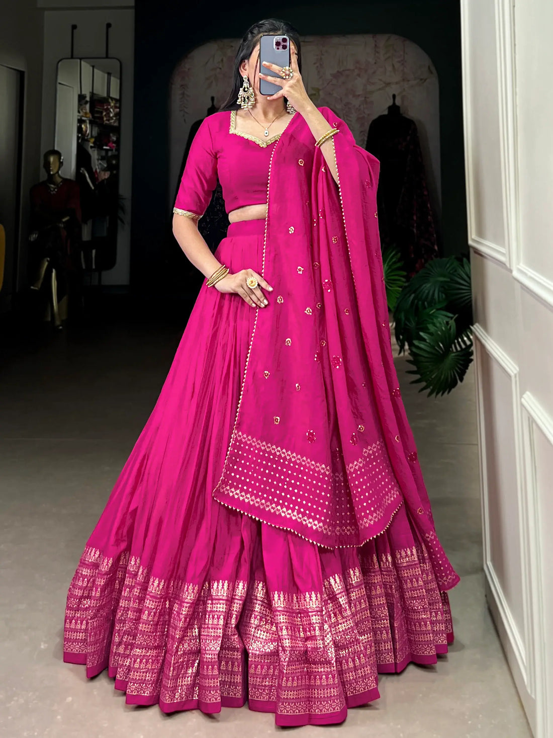 Wonderful Pink Zari Weaving Chanderi Traditional Lehenga Choli - Zeel Clothing
